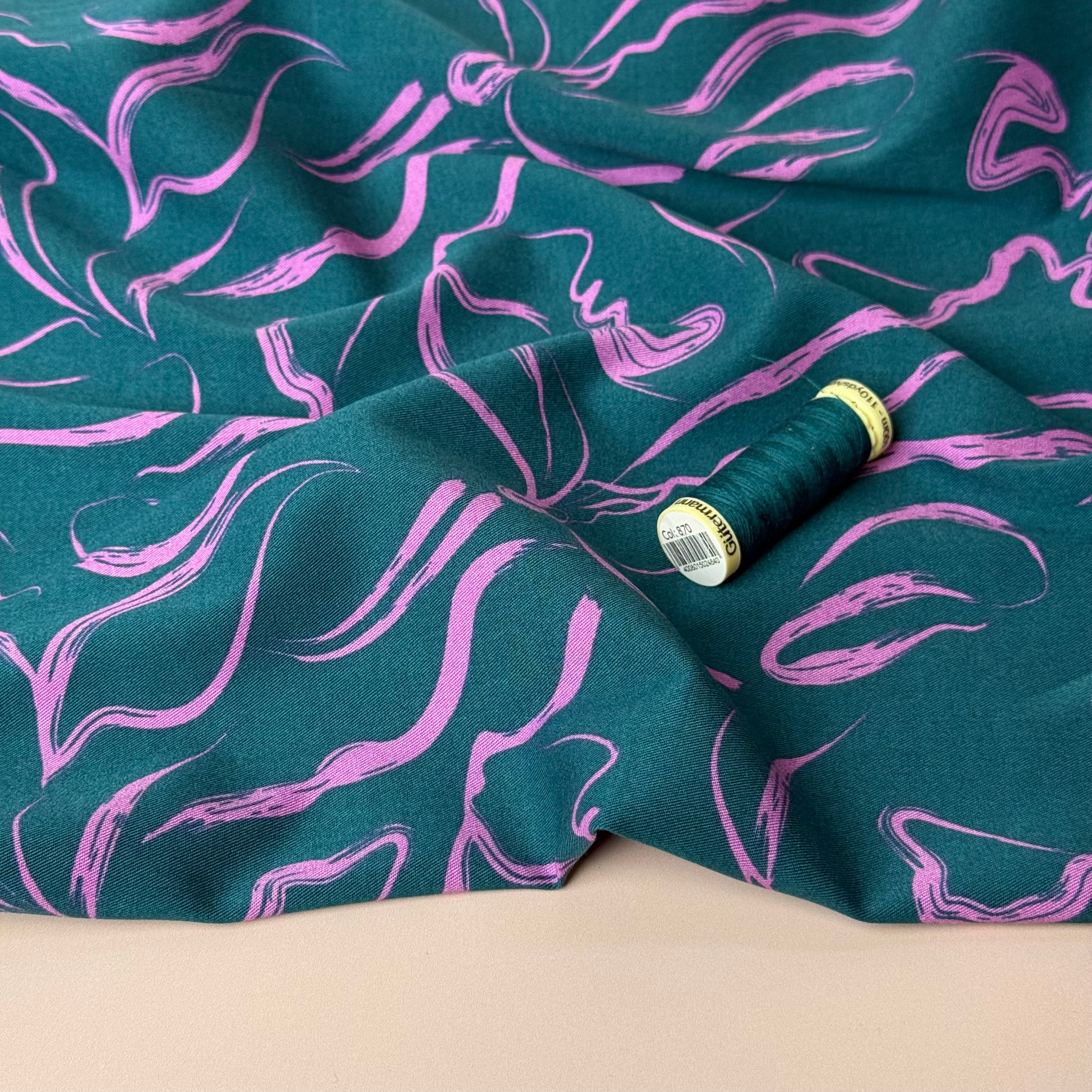 Rosella Pink Swirls on Teal Viscose Twill with Stretch
