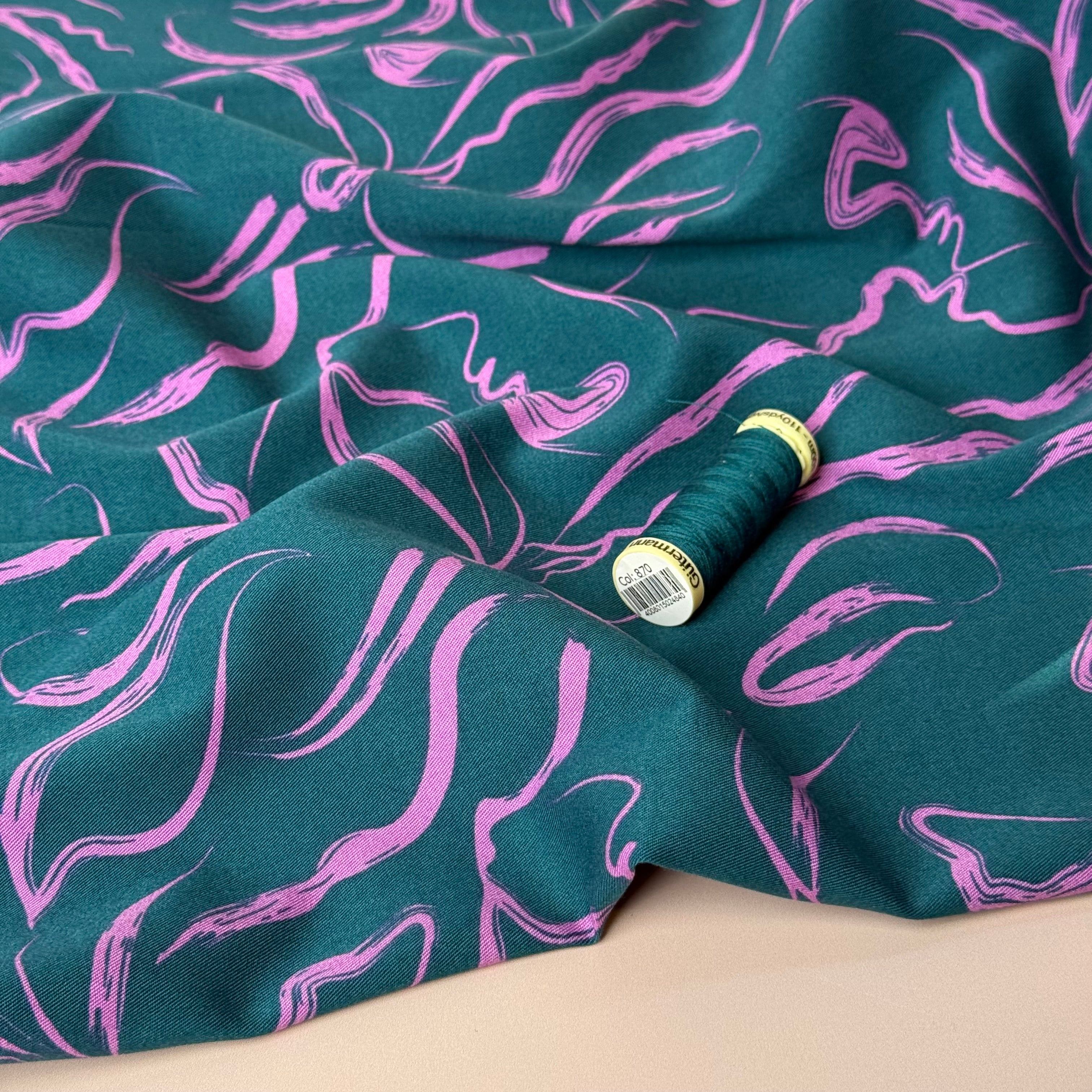 Rosella Pink Swirls on Teal Viscose Twill with Stretch