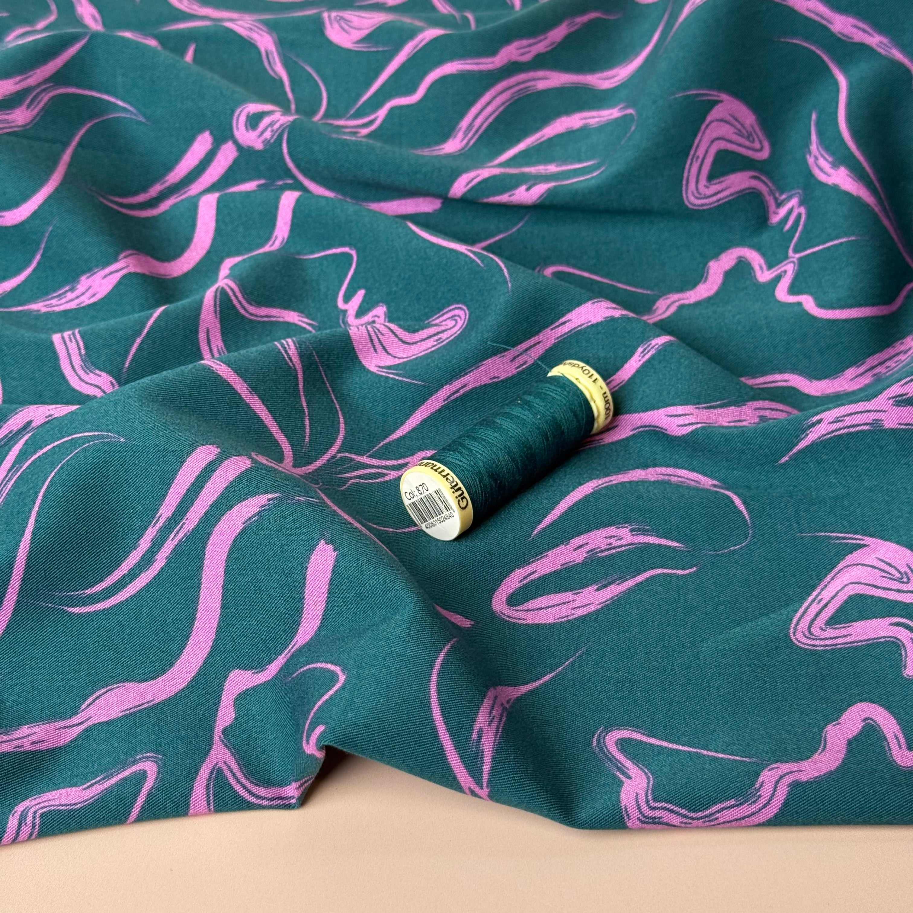 Rosella Pink Swirls on Teal Viscose Twill with Stretch