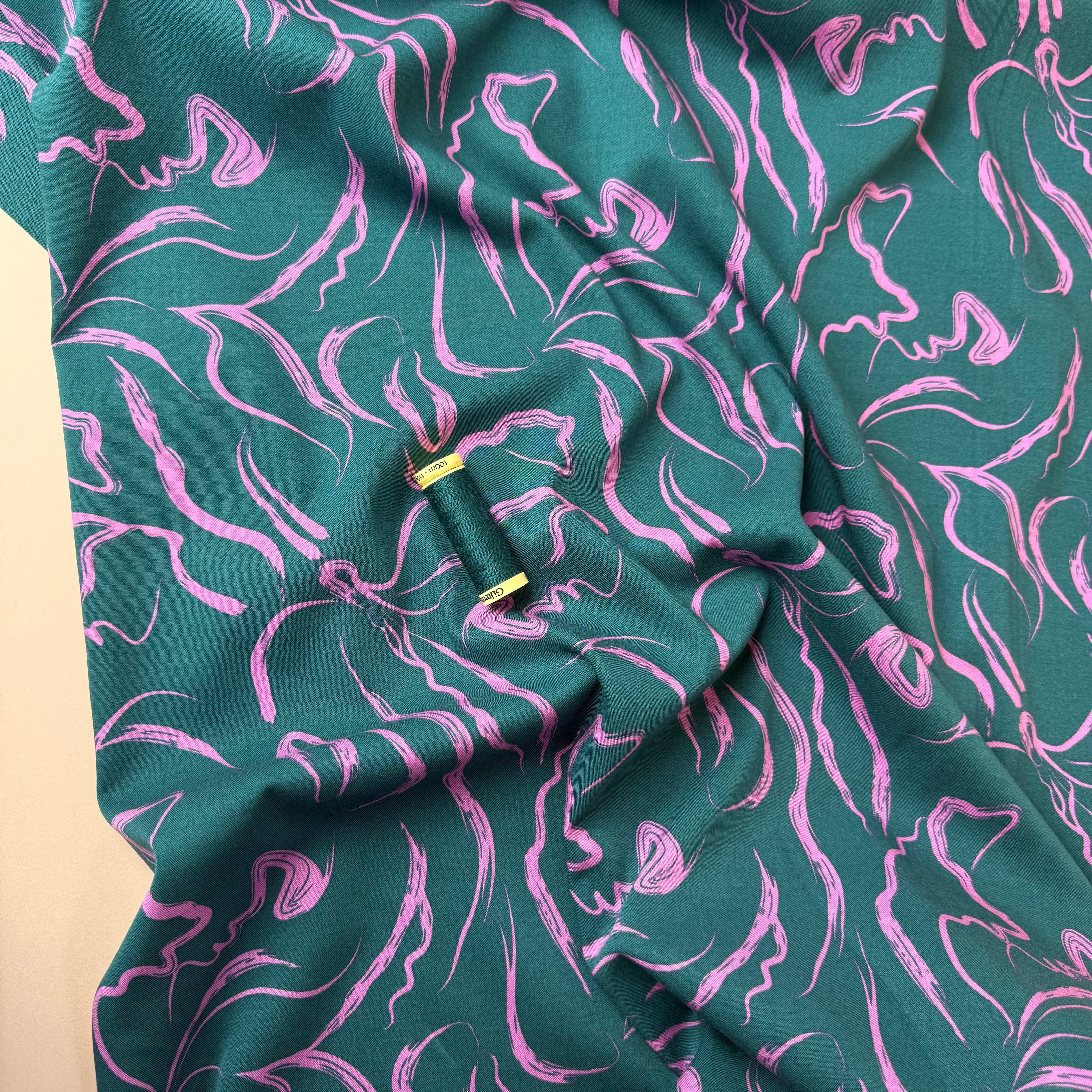 Rosella Pink Swirls on Teal Viscose Twill with Stretch