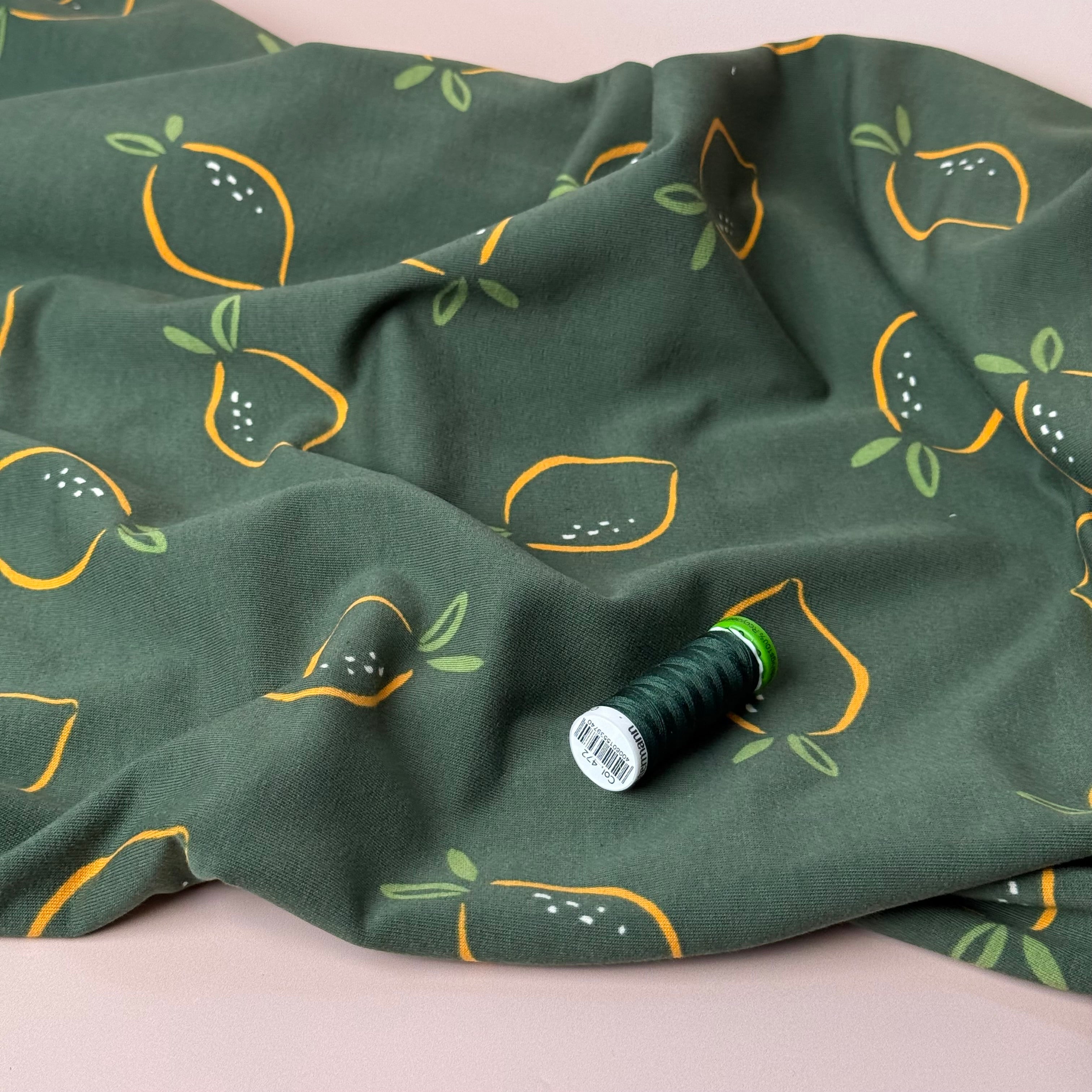 Lemons on Green Cotton Sweat-shirting Fabric