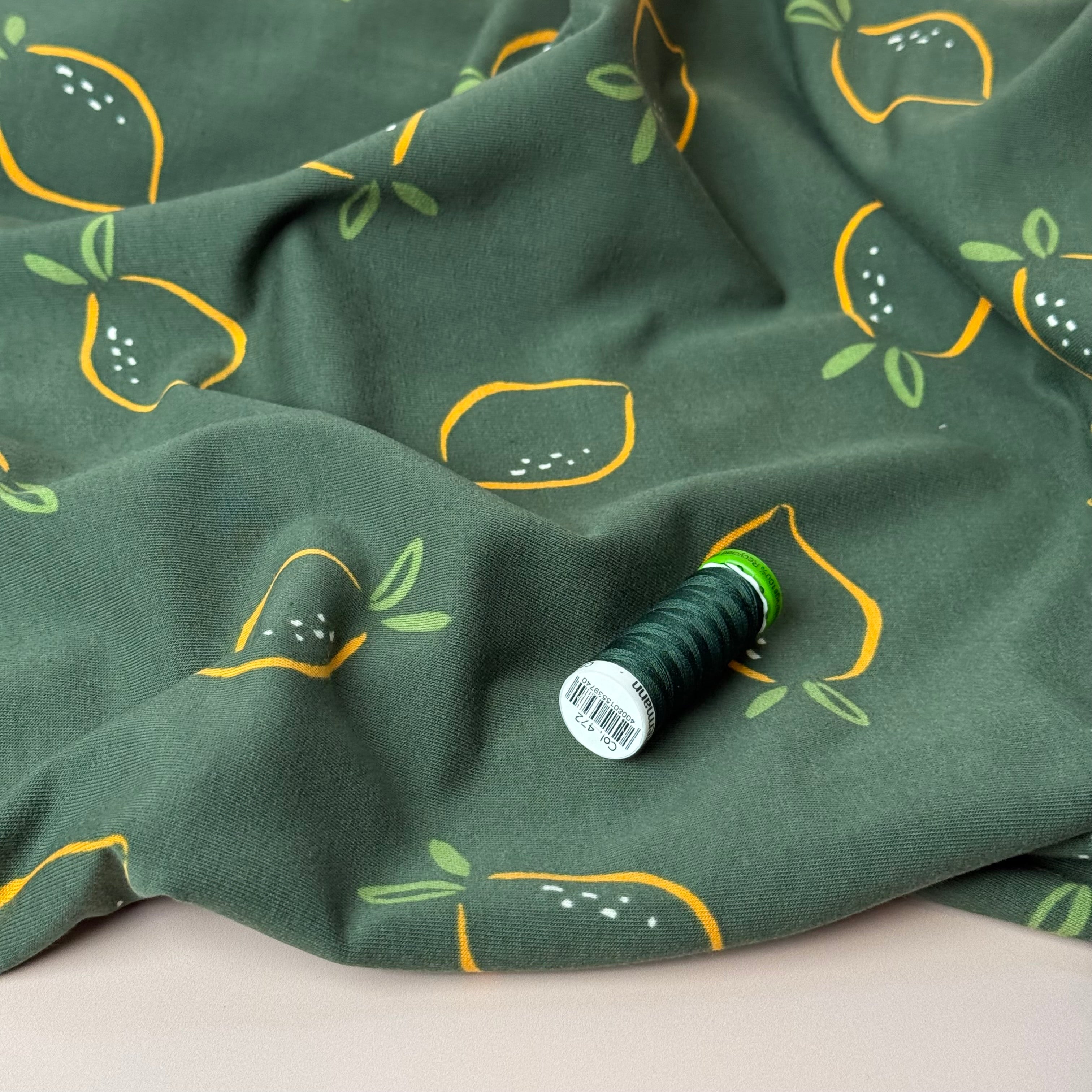 Lemons on Green Cotton Sweat-shirting Fabric
