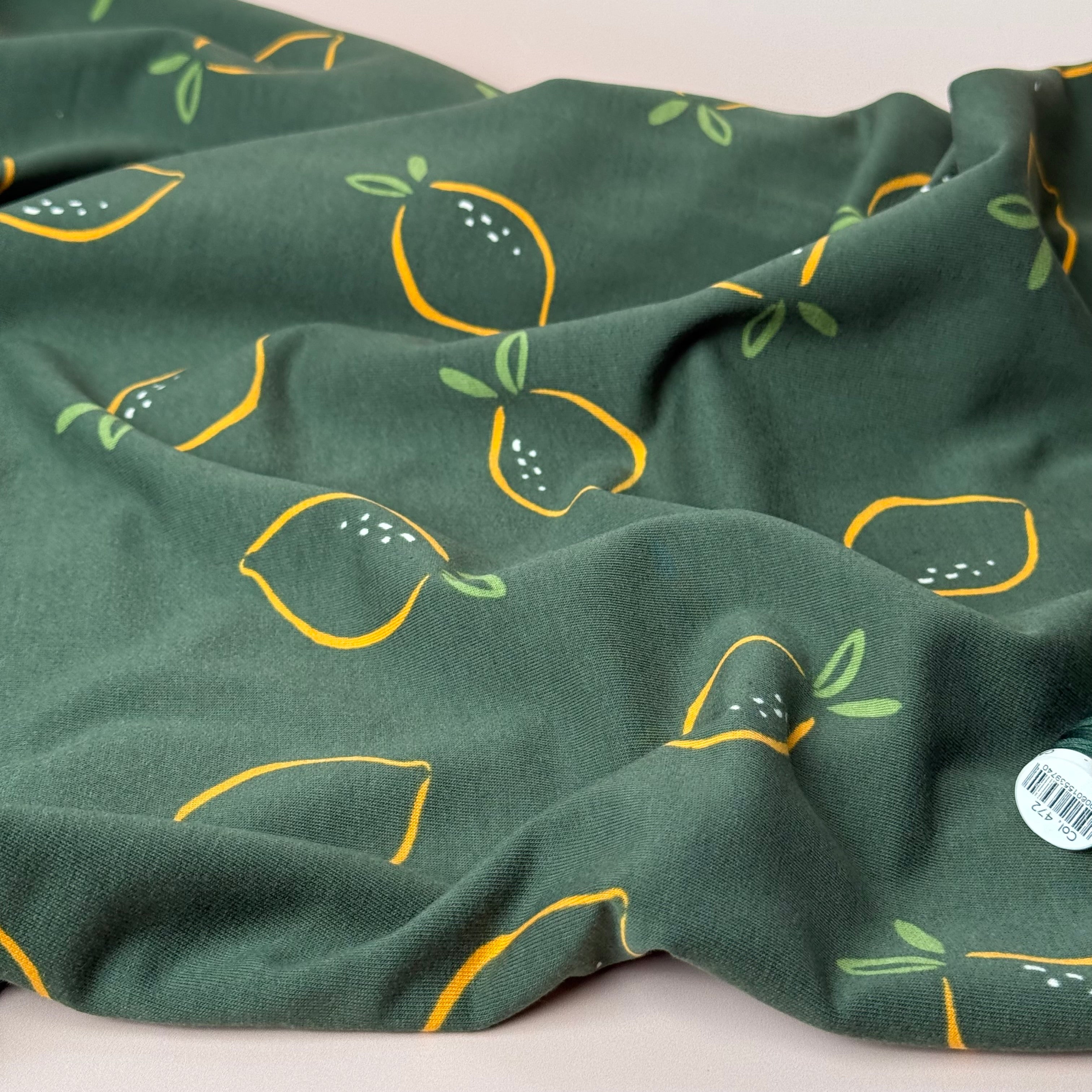 Lemons on Green Cotton Sweat-shirting Fabric