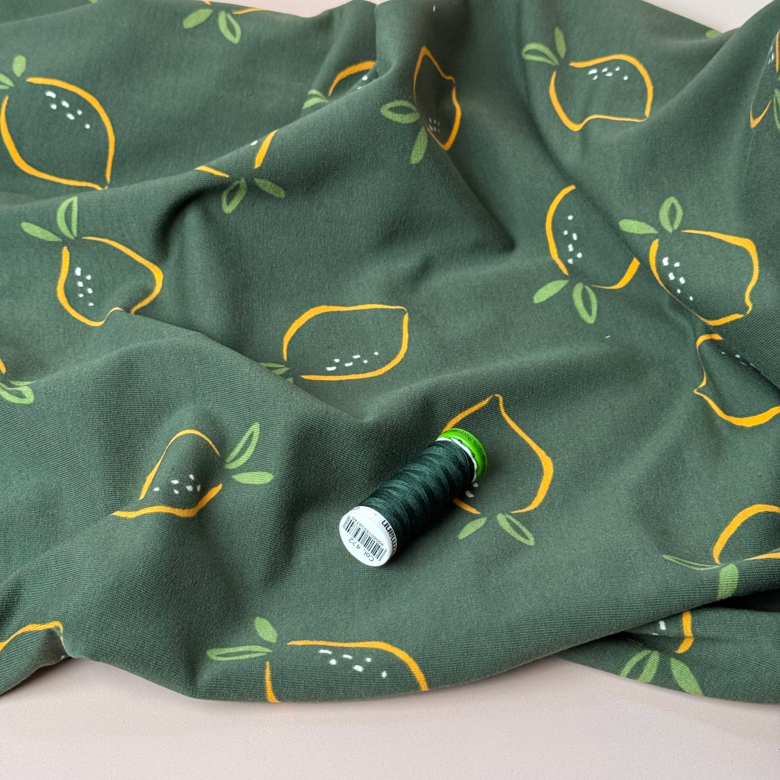 Lemons on Green Cotton Sweat-shirting Fabric
