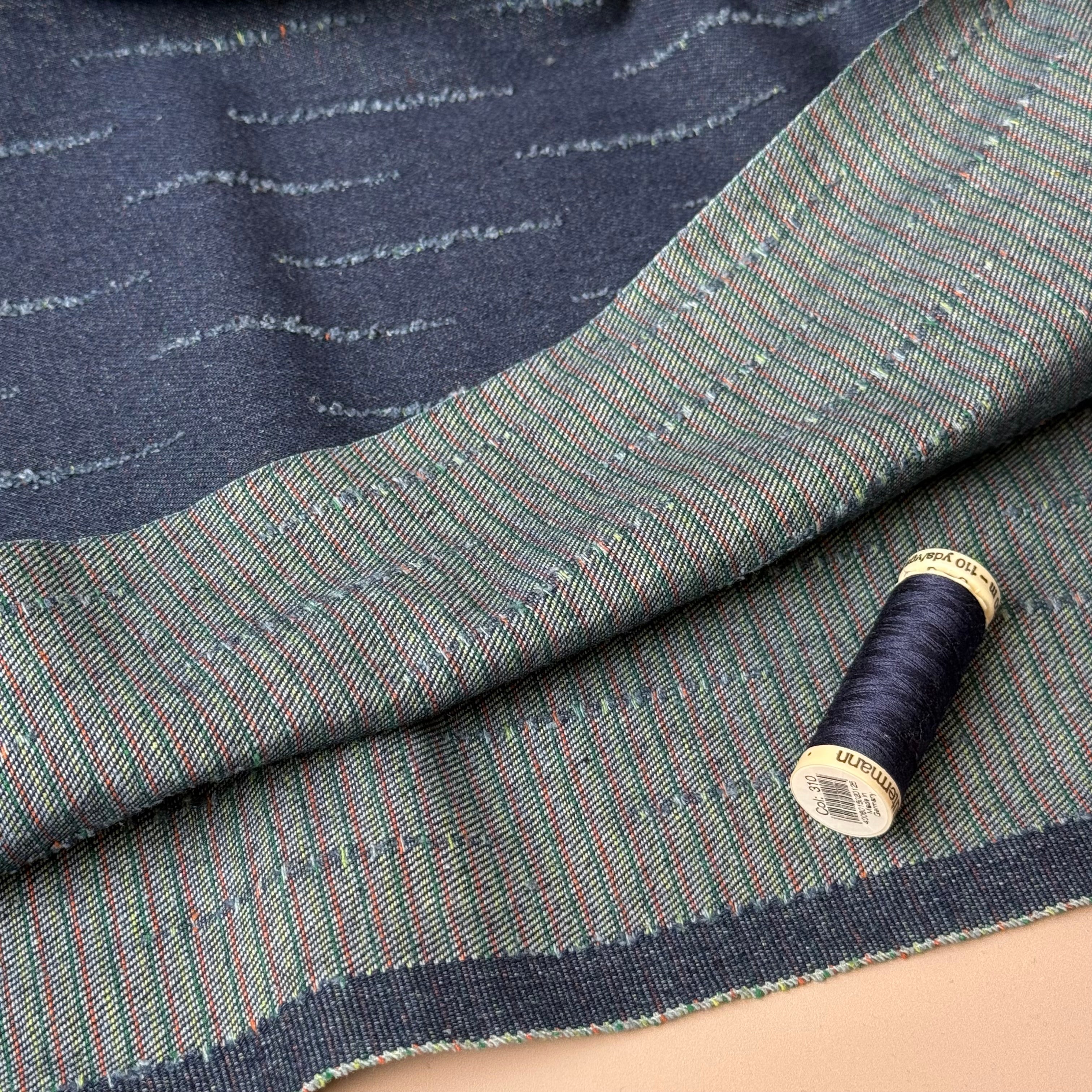 Stripes Distressed Cotton Denim in Indigo