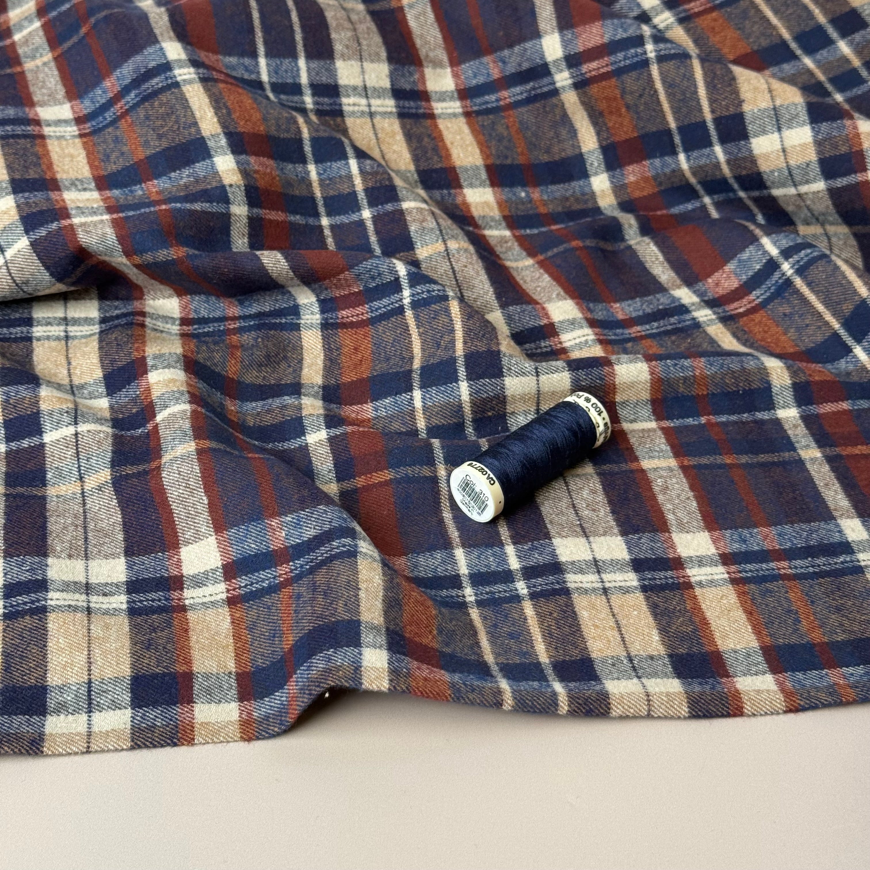 Plaid Navy & Brown Brushed Cotton Flannel