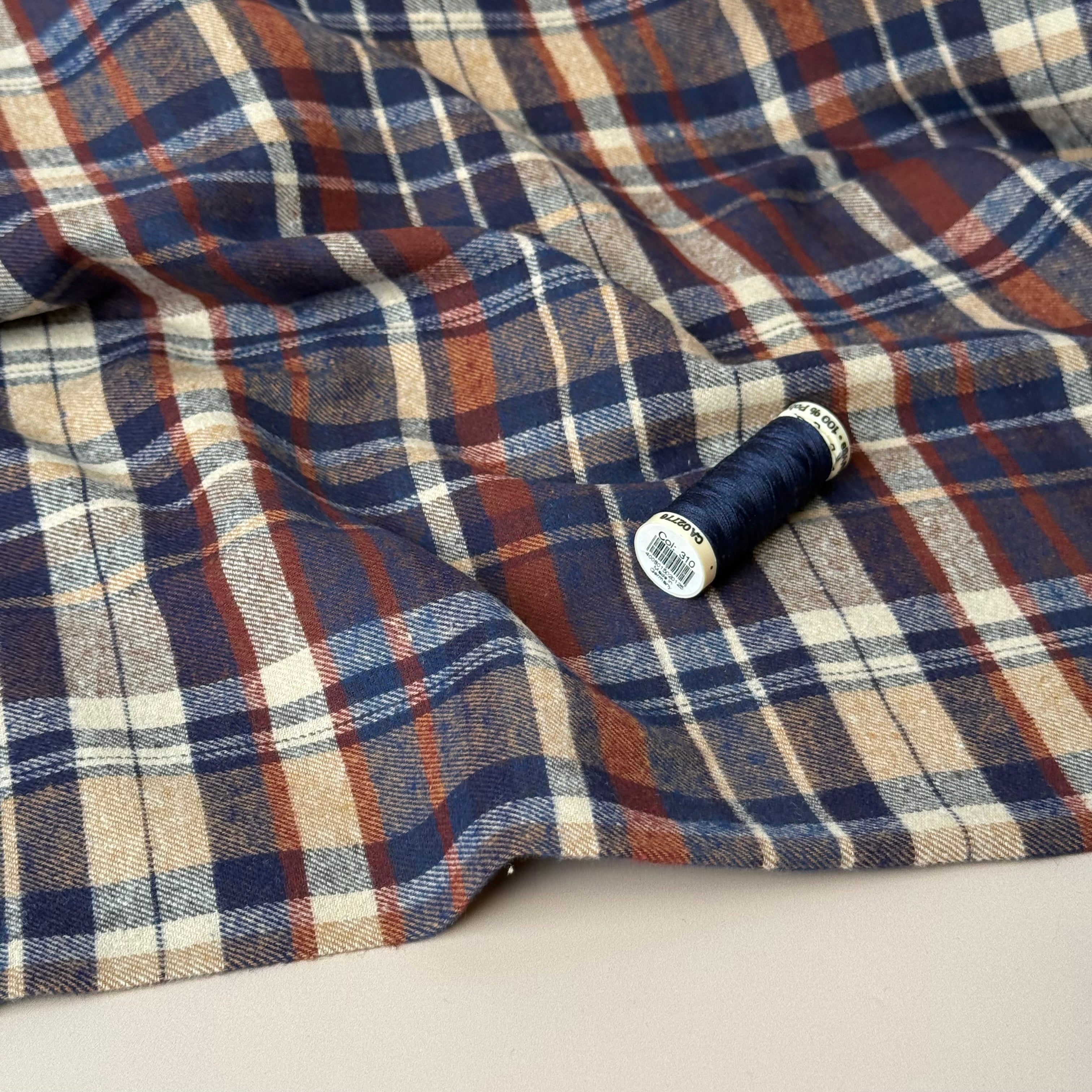 Plaid Navy & Brown Brushed Cotton Flannel