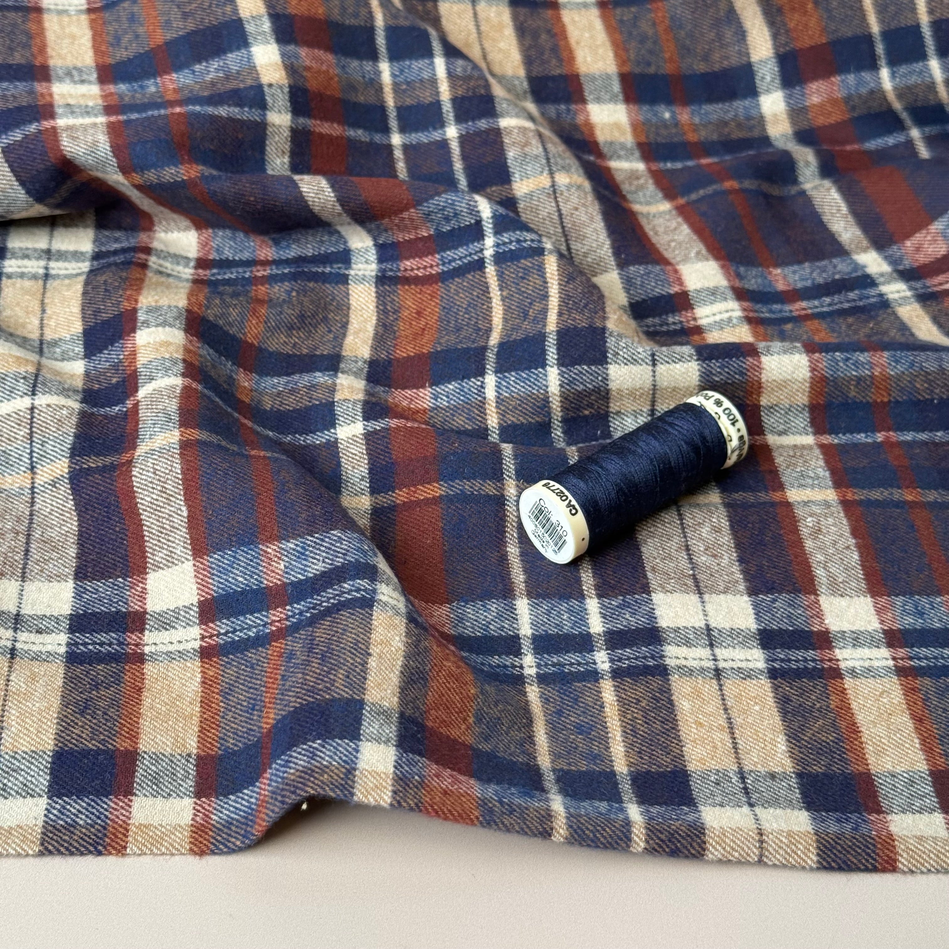Plaid Navy & Brown Brushed Cotton Flannel