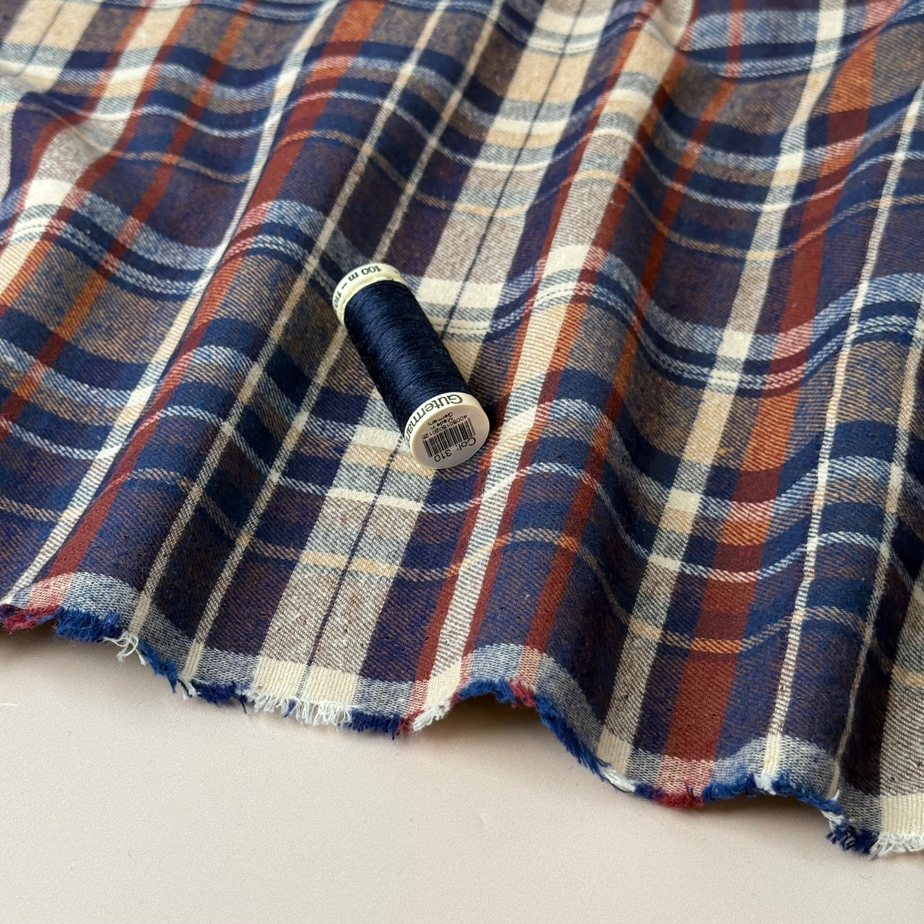 Plaid Navy & Brown Brushed Cotton Flannel