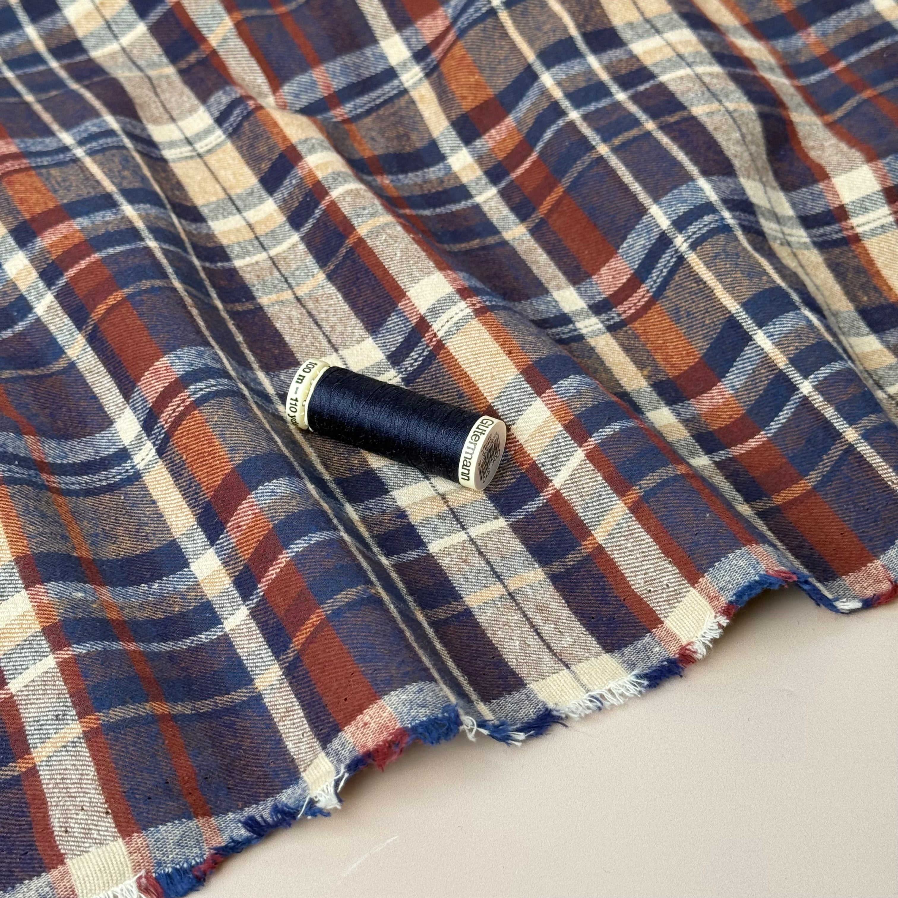 Plaid Navy & Brown Brushed Cotton Flannel