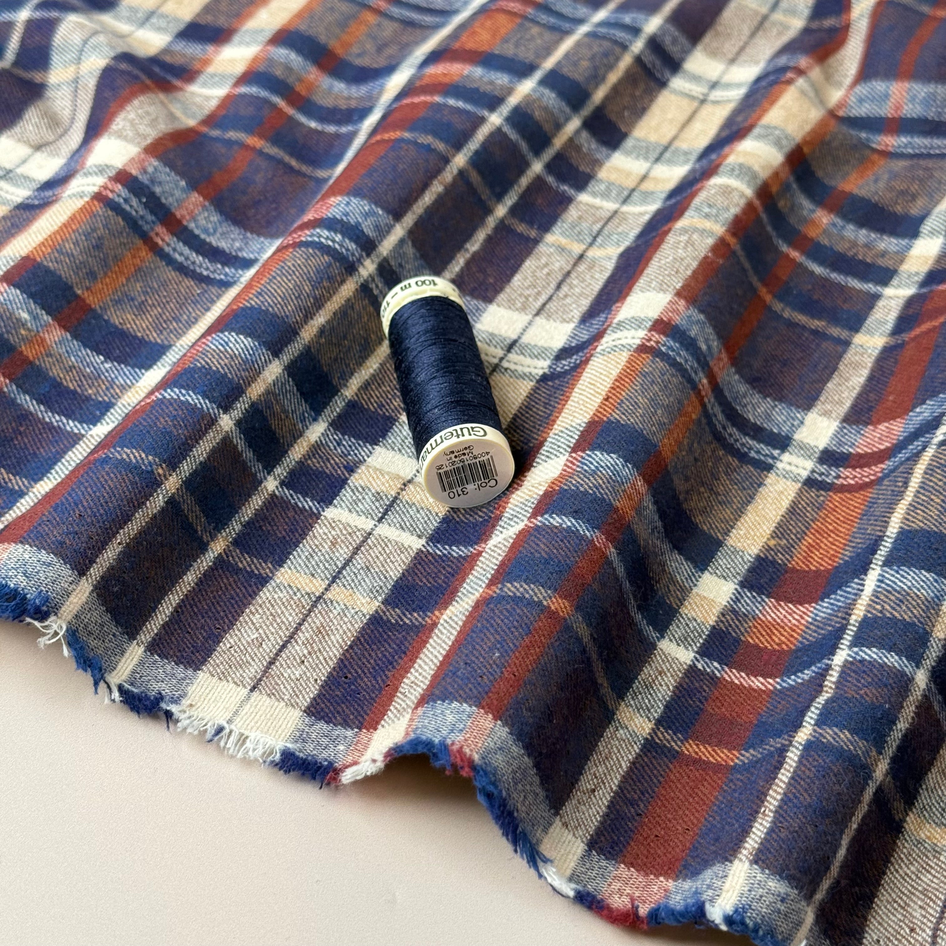Plaid Navy & Brown Brushed Cotton Flannel