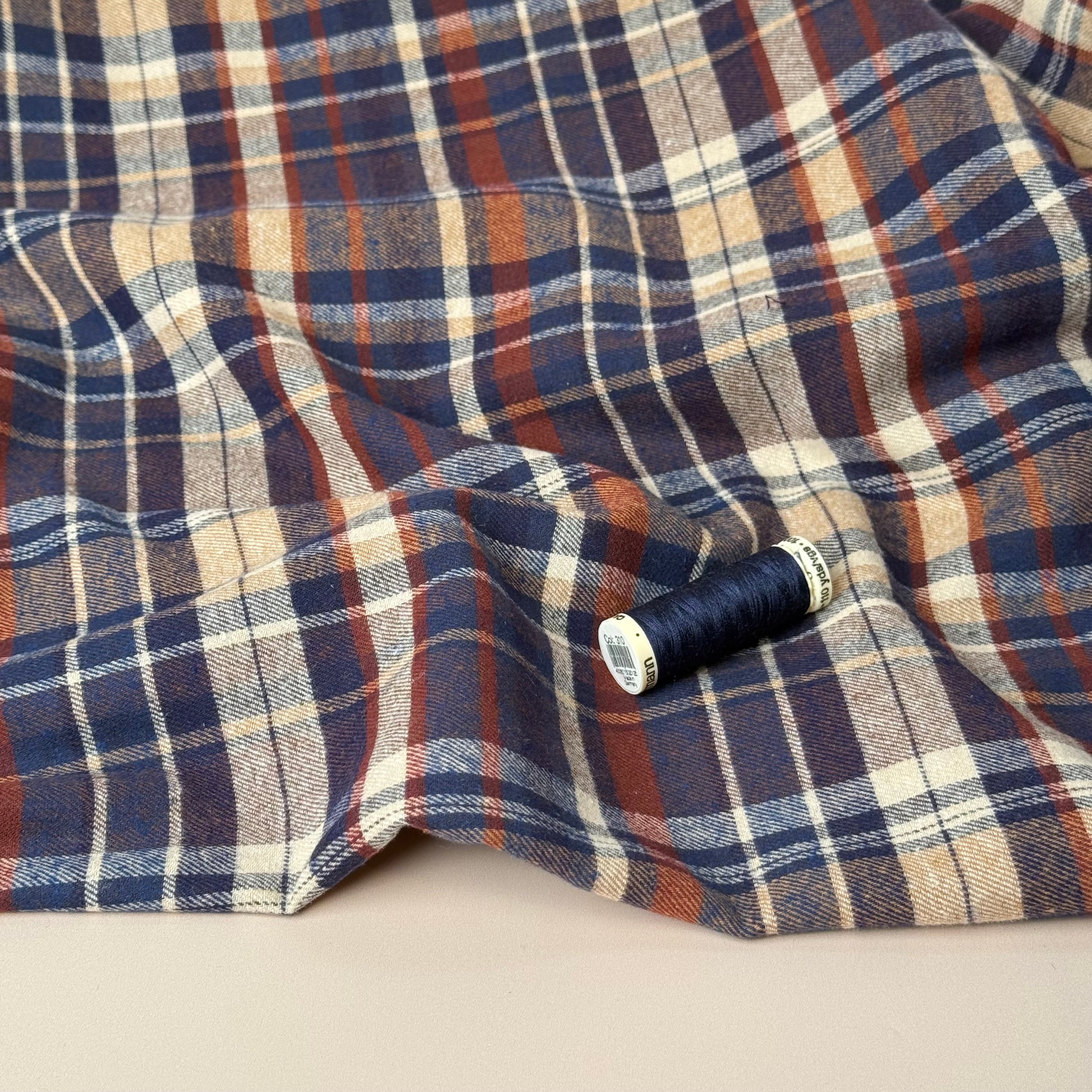 Plaid Navy & Brown Brushed Cotton Flannel