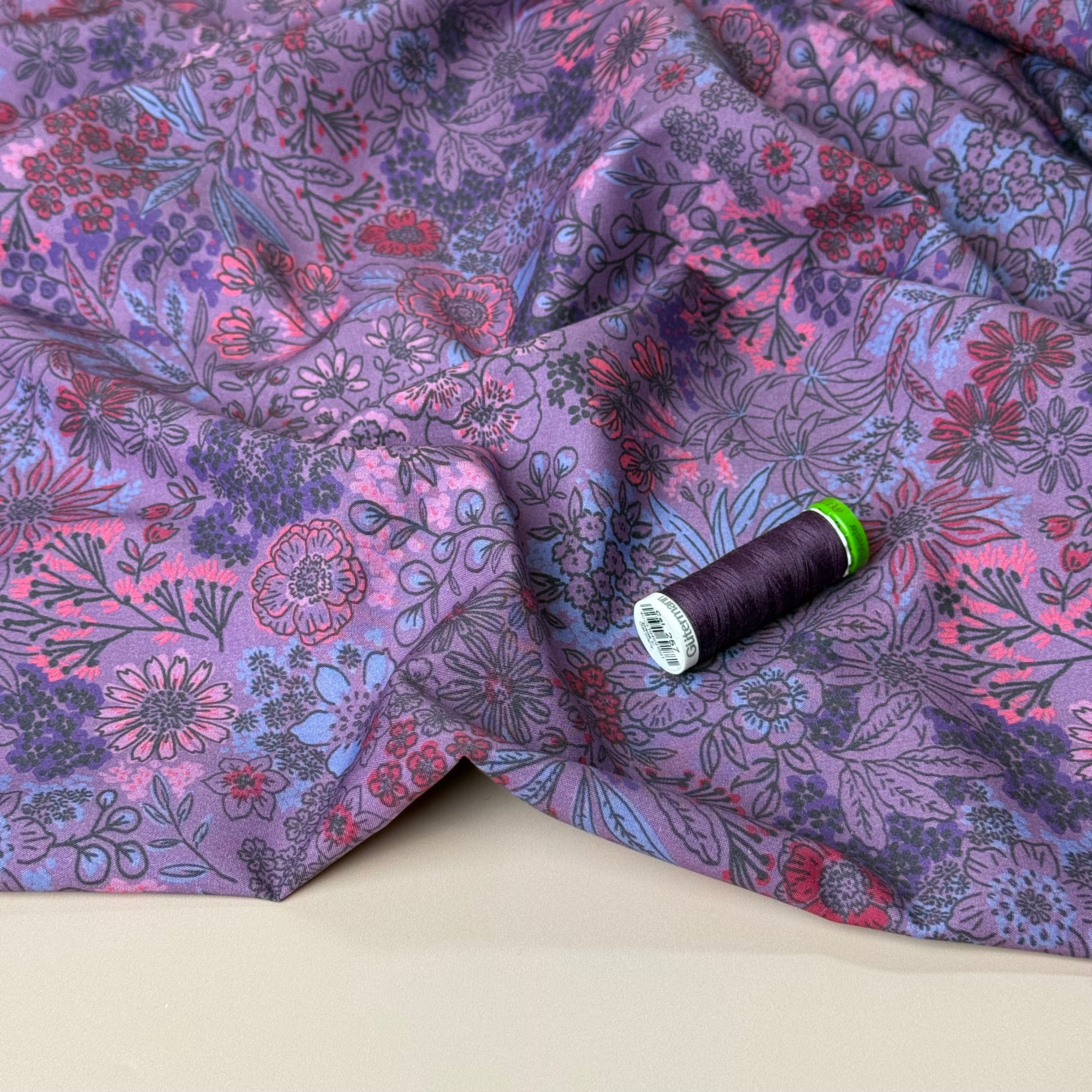 Meadow Flowers Mauve Fine Cotton Poplin Fabric