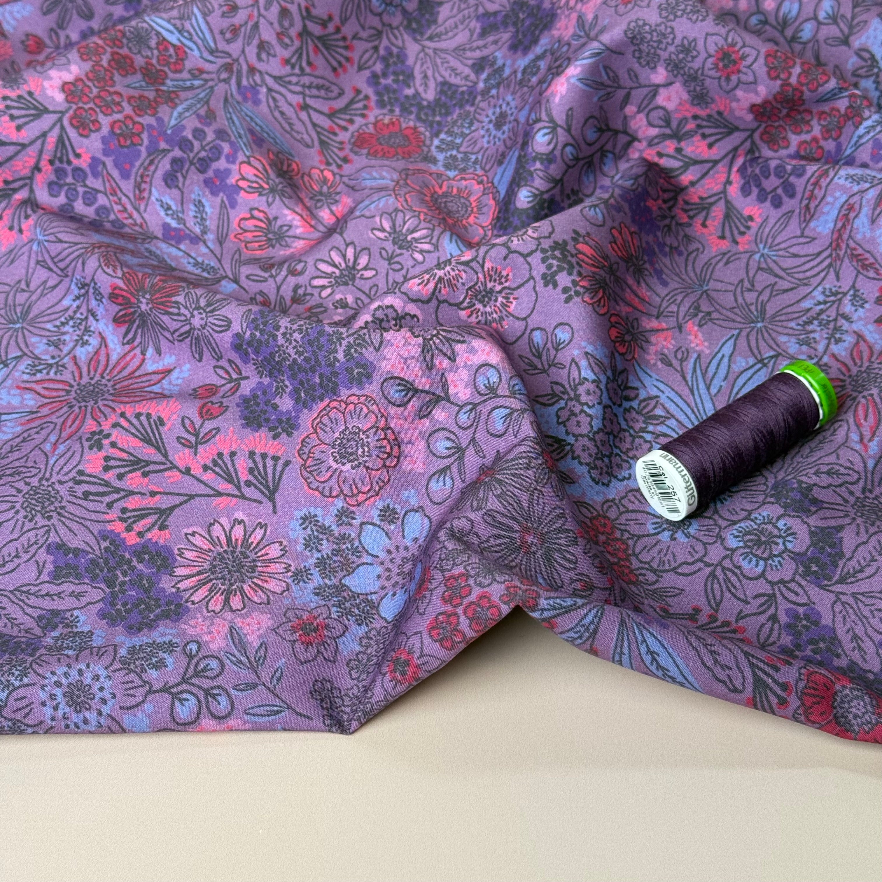 Meadow Flowers Mauve Fine Cotton Poplin Fabric