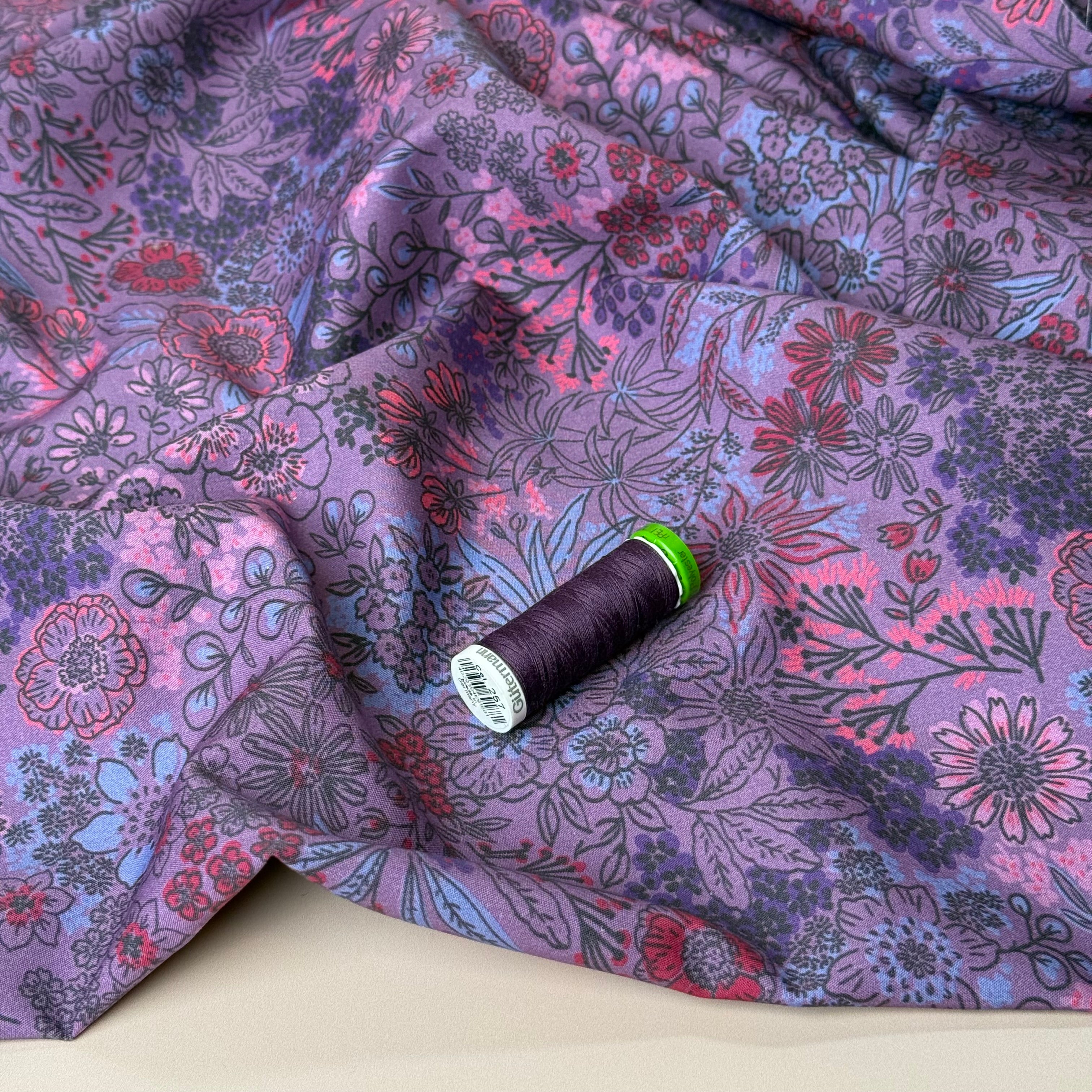 Meadow Flowers Mauve Fine Cotton Poplin Fabric