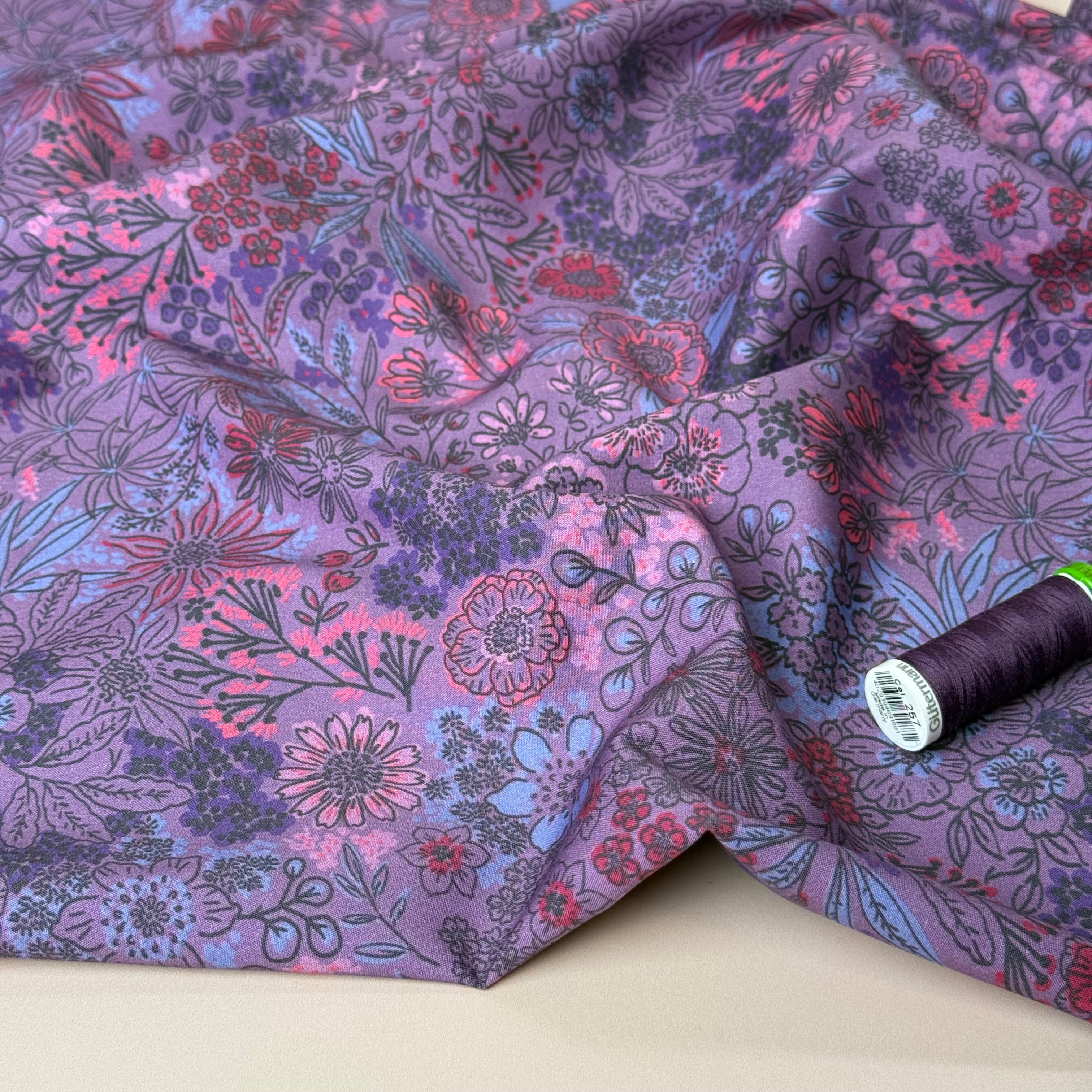 Meadow Flowers Mauve Fine Cotton Poplin Fabric