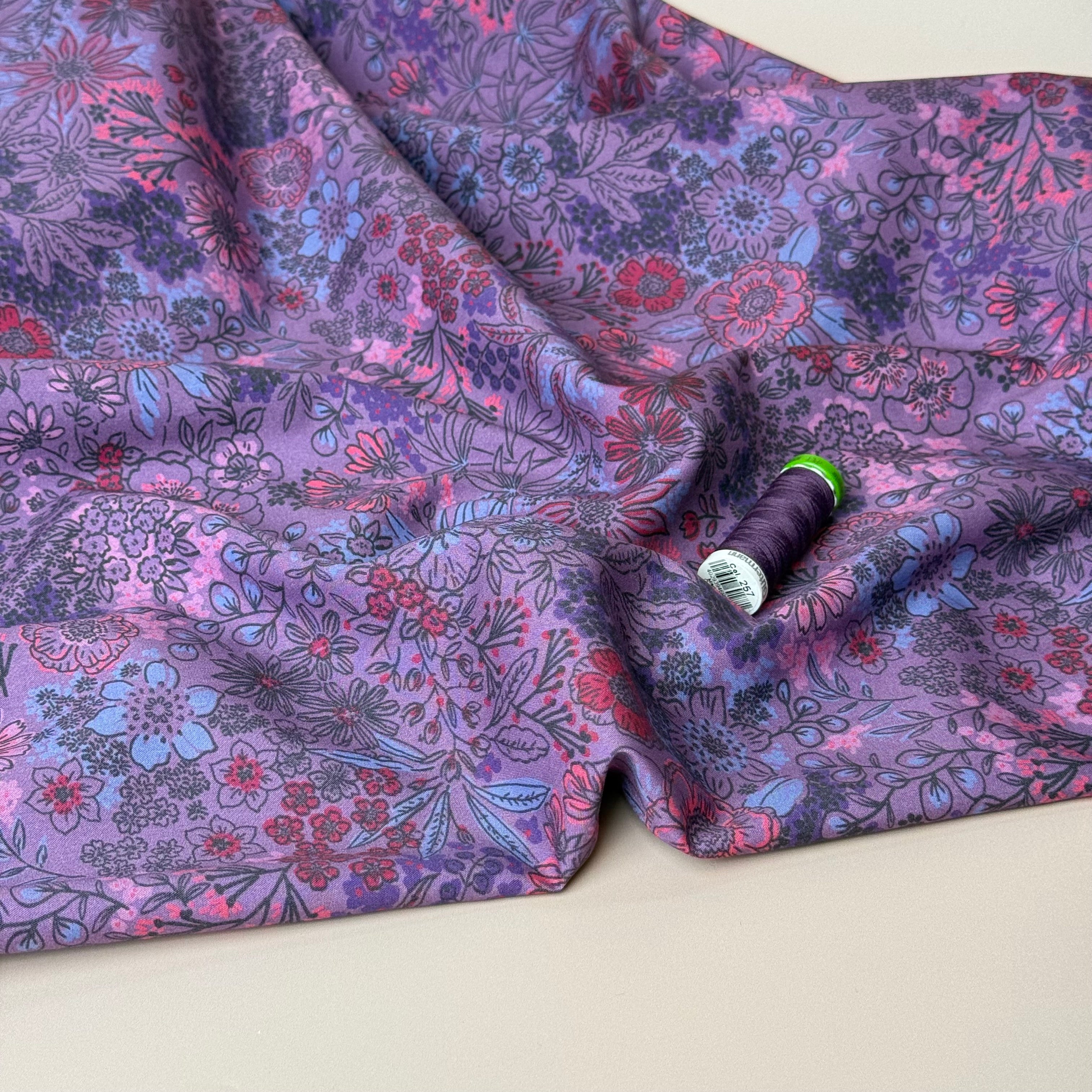 Meadow Flowers Mauve Fine Cotton Poplin Fabric