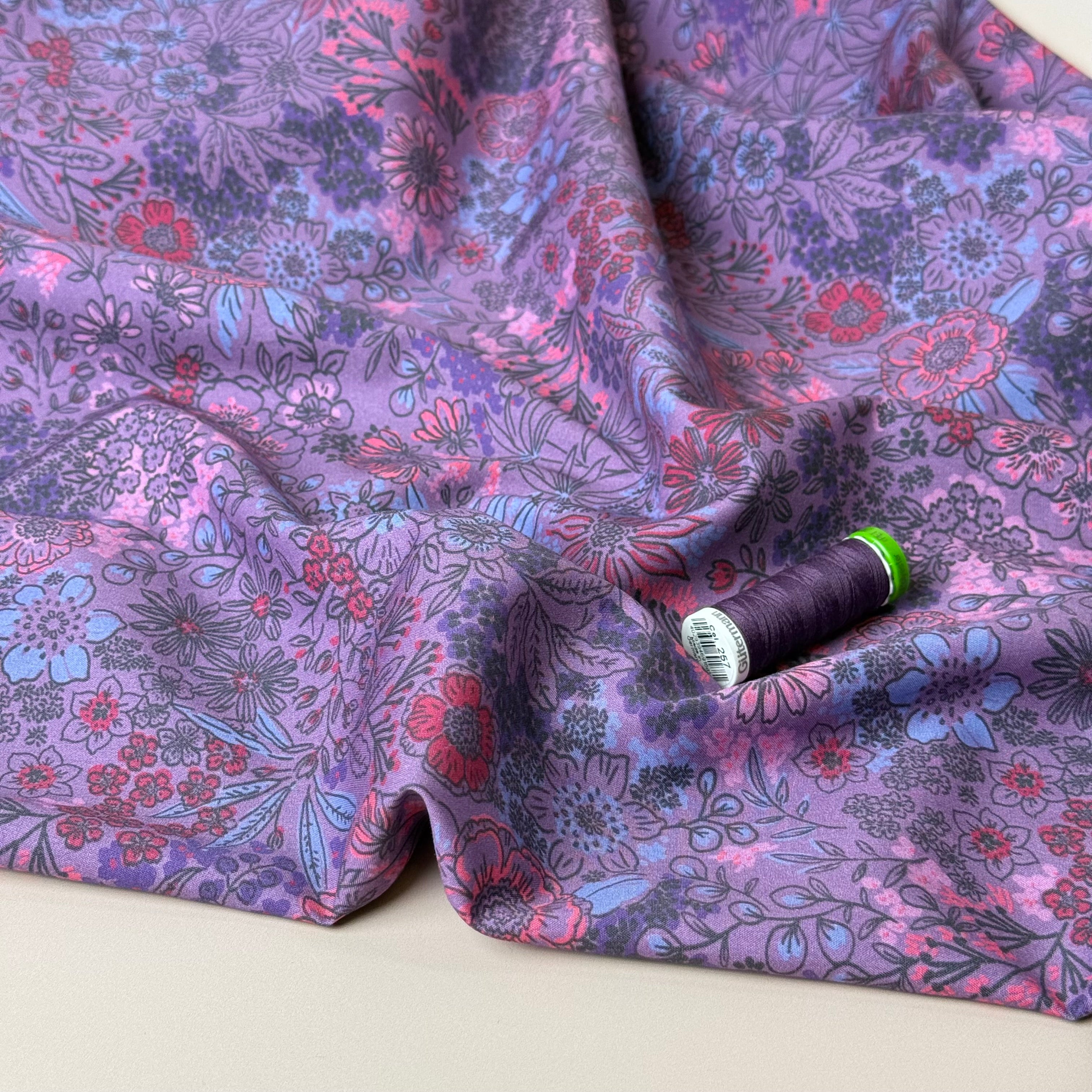 Meadow Flowers Mauve Fine Cotton Poplin Fabric