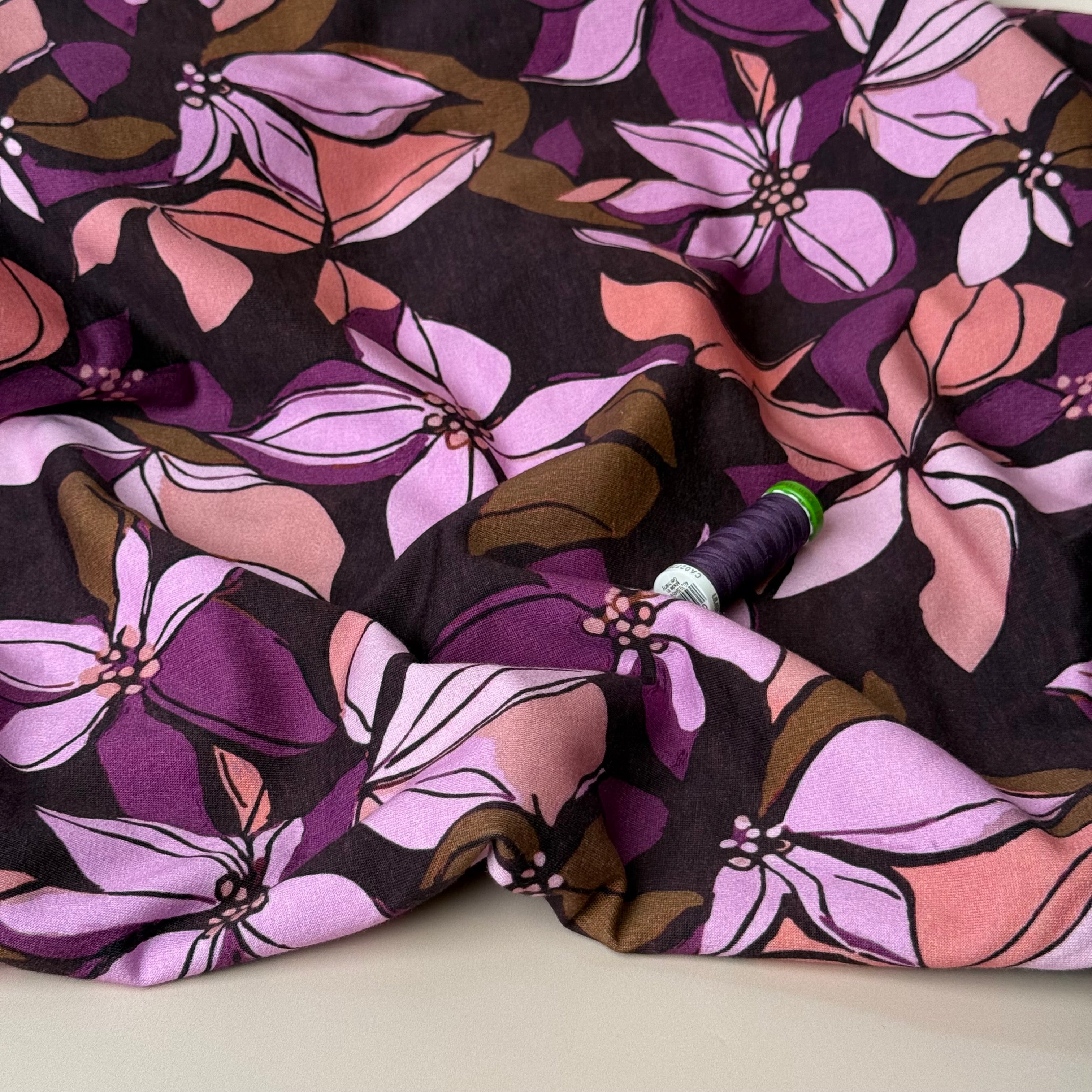 Lilies on Bordeaux Peach Soft Cotton Sweat-shirting Fabric