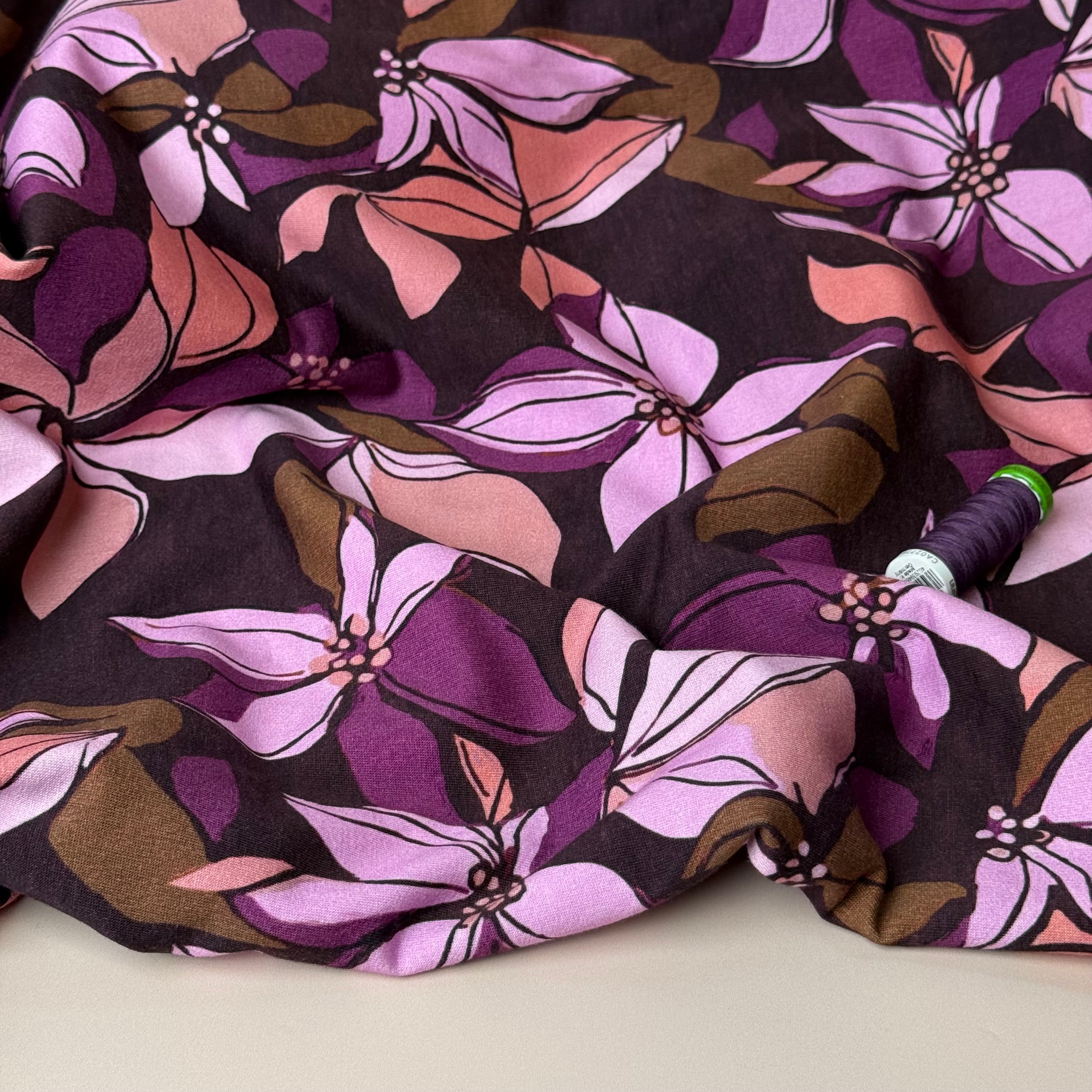 Lilies on Bordeaux Peach Soft Cotton Sweat-shirting Fabric