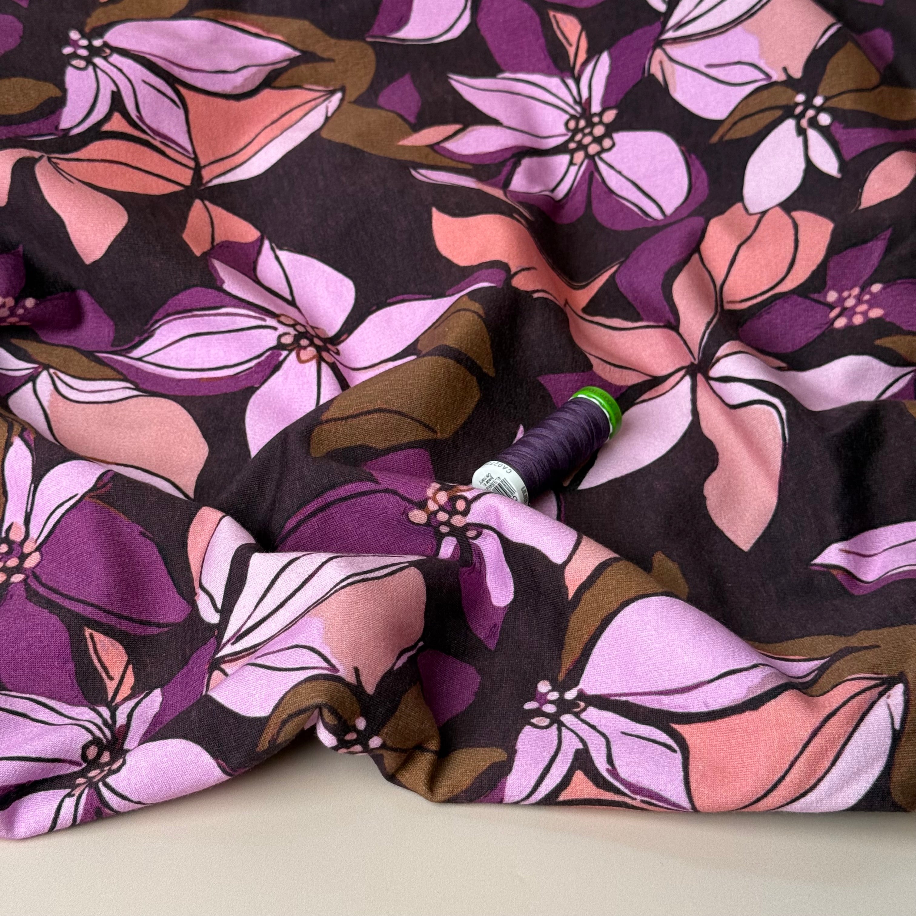 Lilies on Bordeaux Peach Soft Cotton Sweat-shirting Fabric