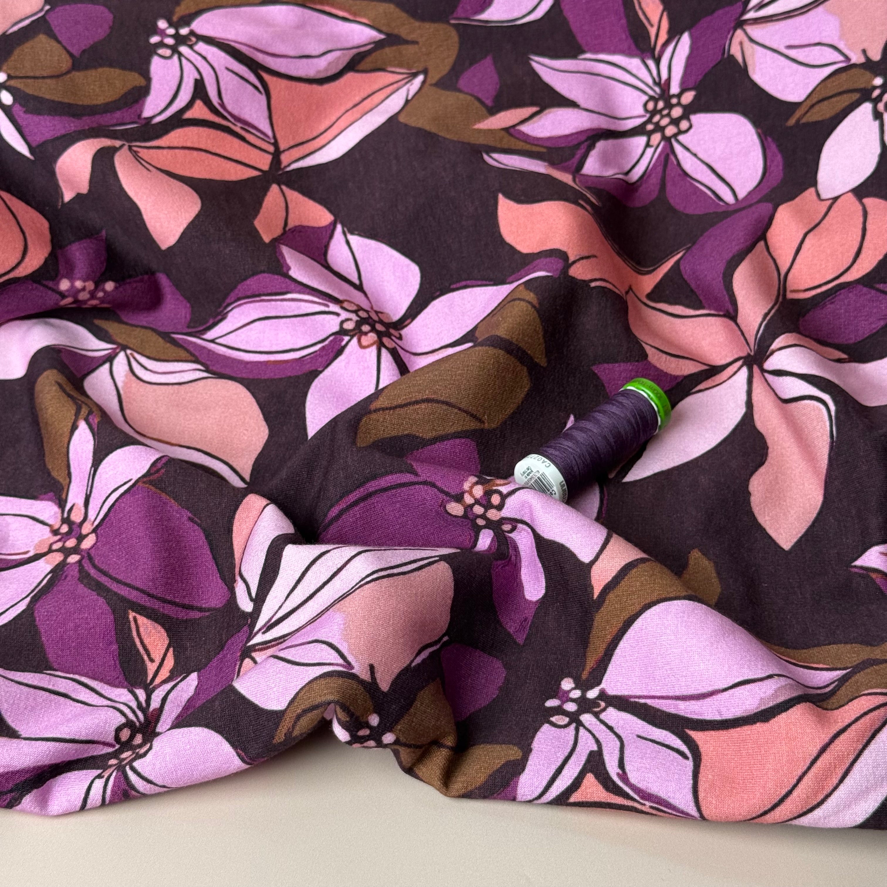 Lilies on Bordeaux Peach Soft Cotton Sweat-shirting Fabric