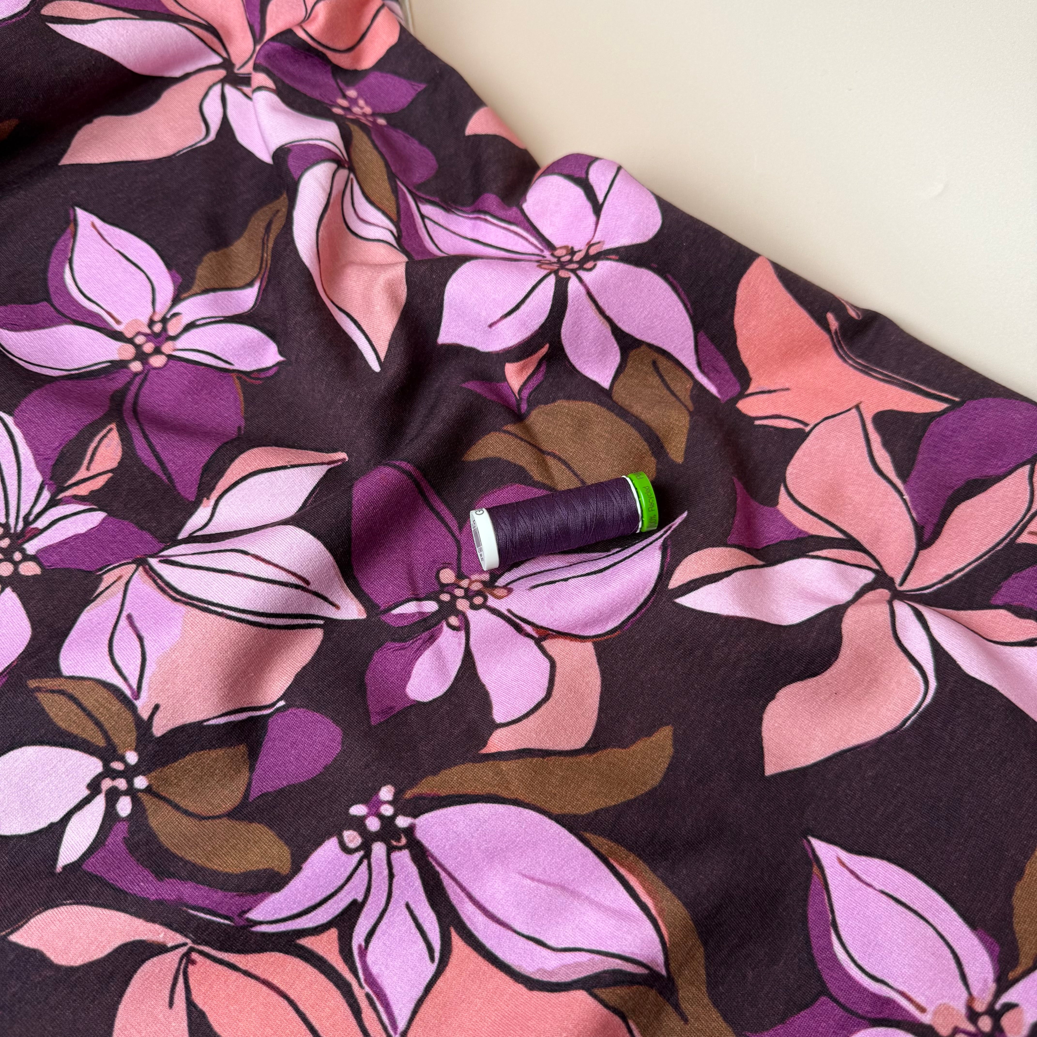 Lilies on Bordeaux Peach Soft Cotton Sweat-shirting Fabric
