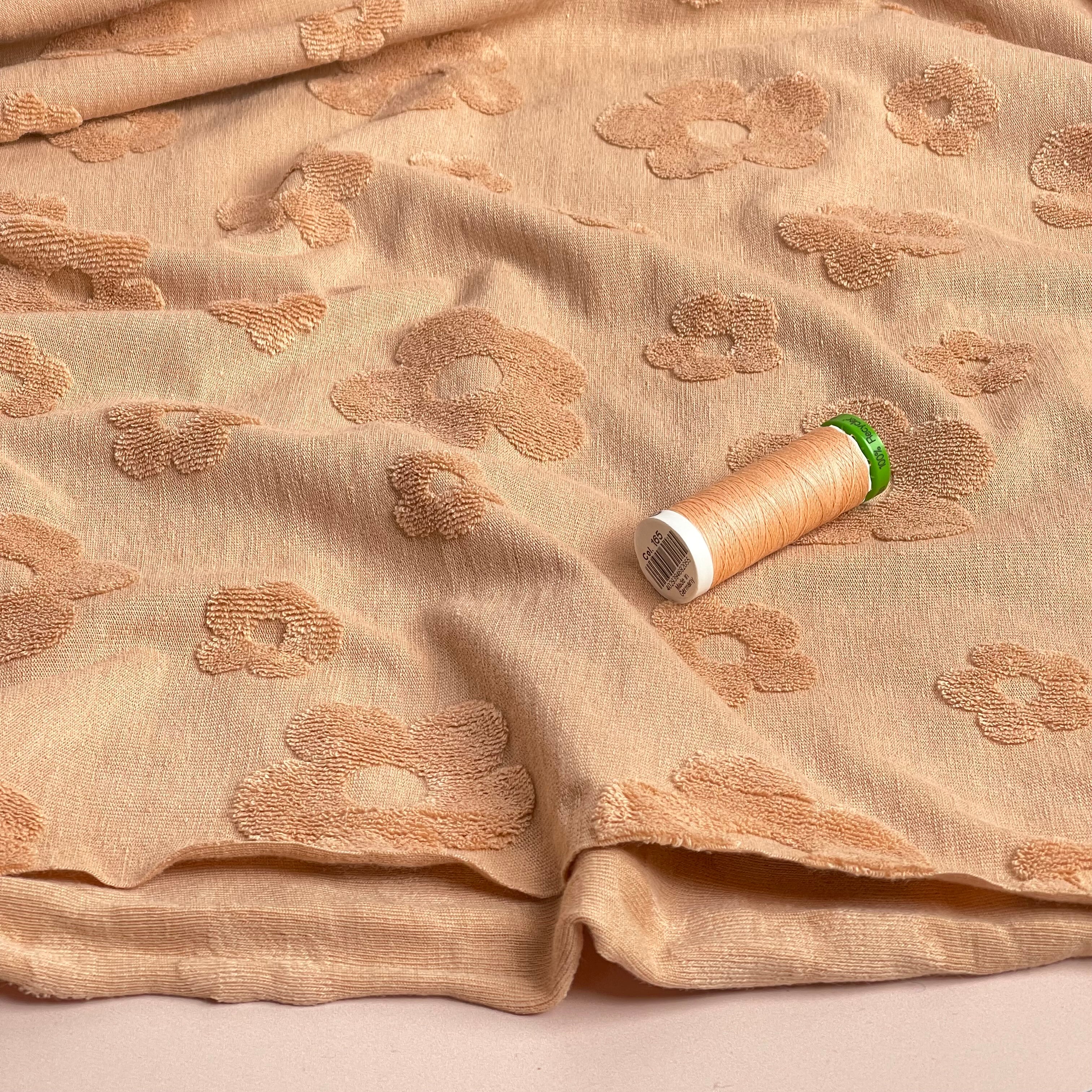 Cute Flowers Cotton Towelling Jacquard in Dusky Salmon