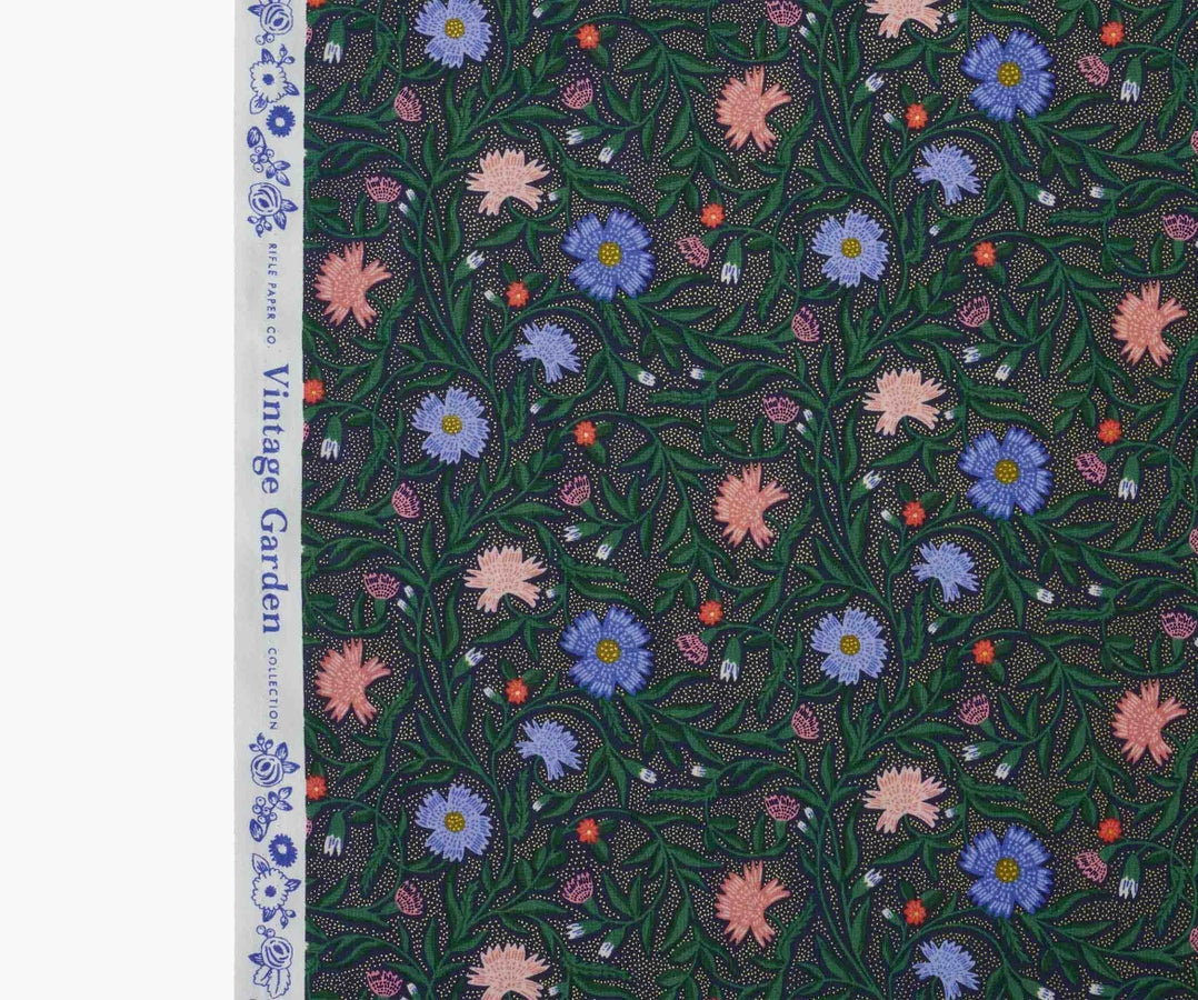 Rifle Paper Co - Aster Navy Metallic Cotton from Vintage Garden