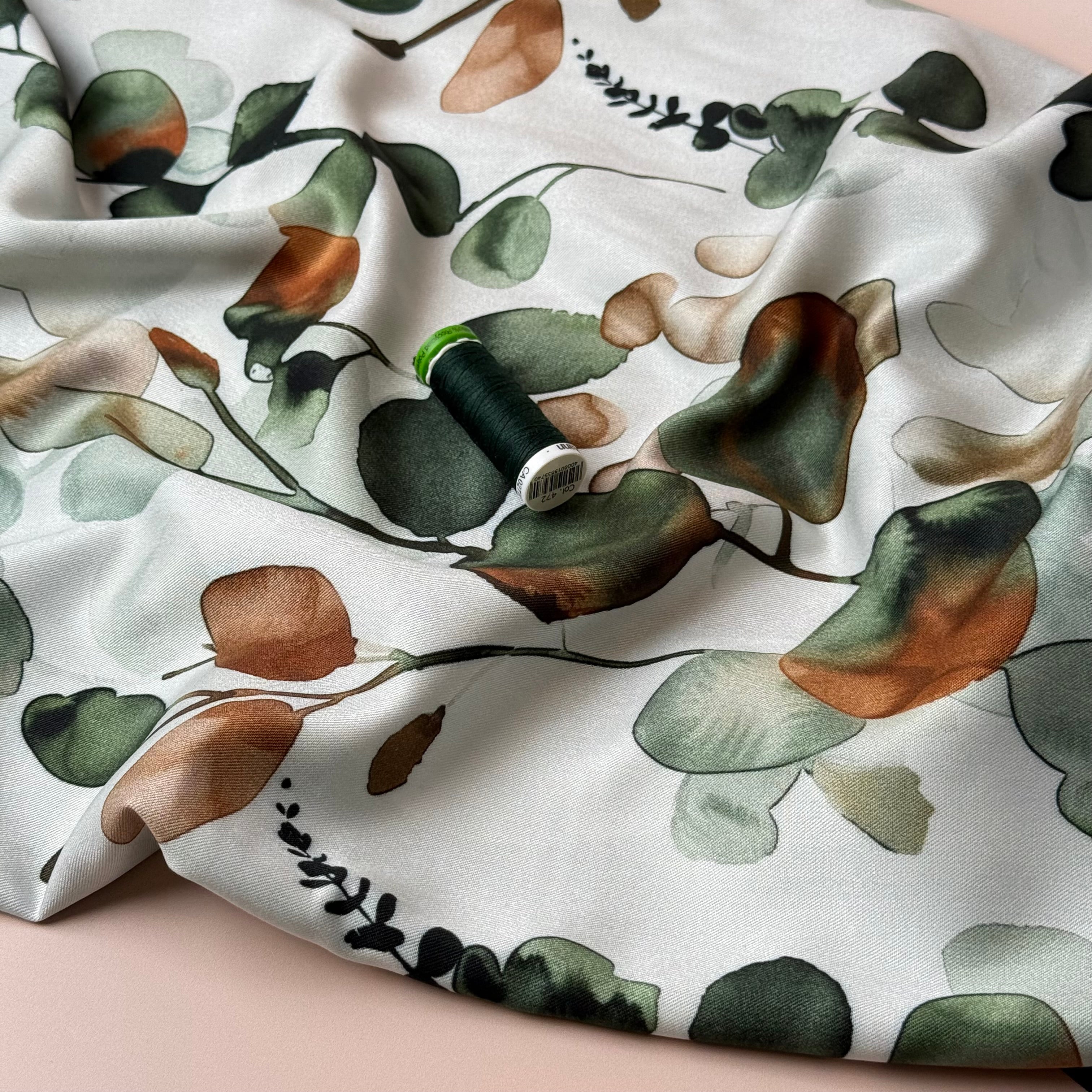 Light & Lush - Eucalyptus Leaves Green & Rust Viscose Twill Fabric