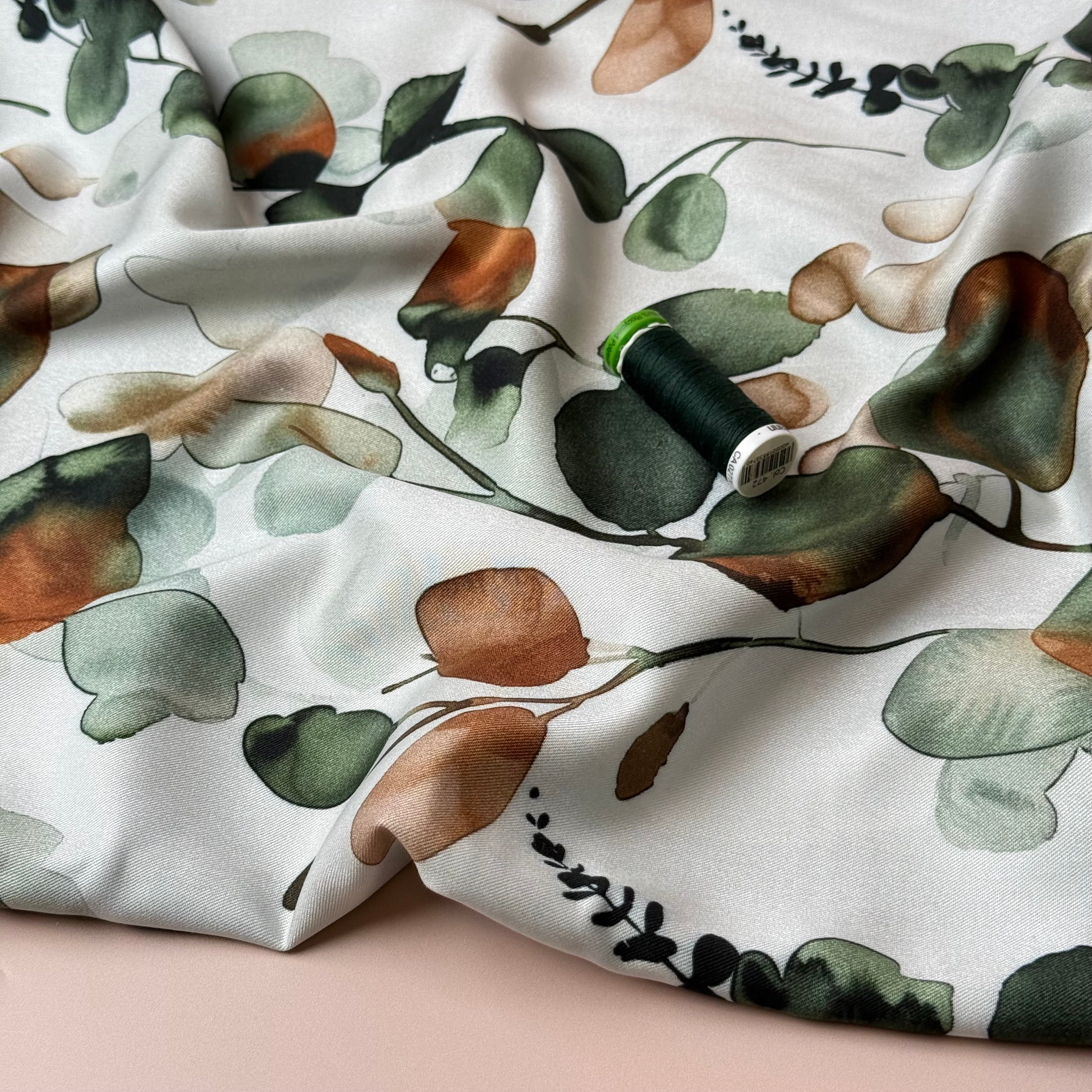 Light & Lush - Eucalyptus Leaves Green & Rust Viscose Twill Fabric