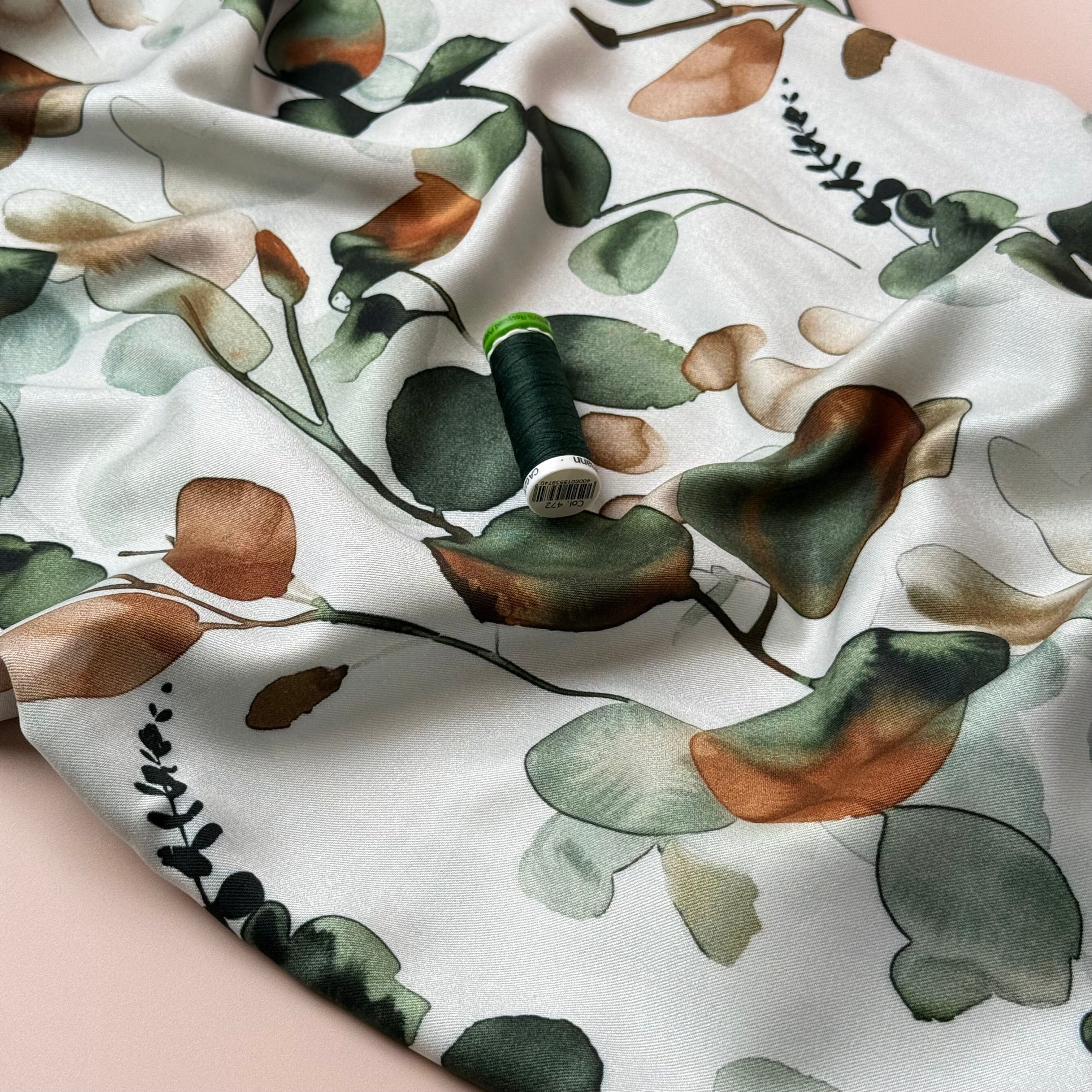 Light & Lush - Eucalyptus Leaves Green & Rust Viscose Twill Fabric