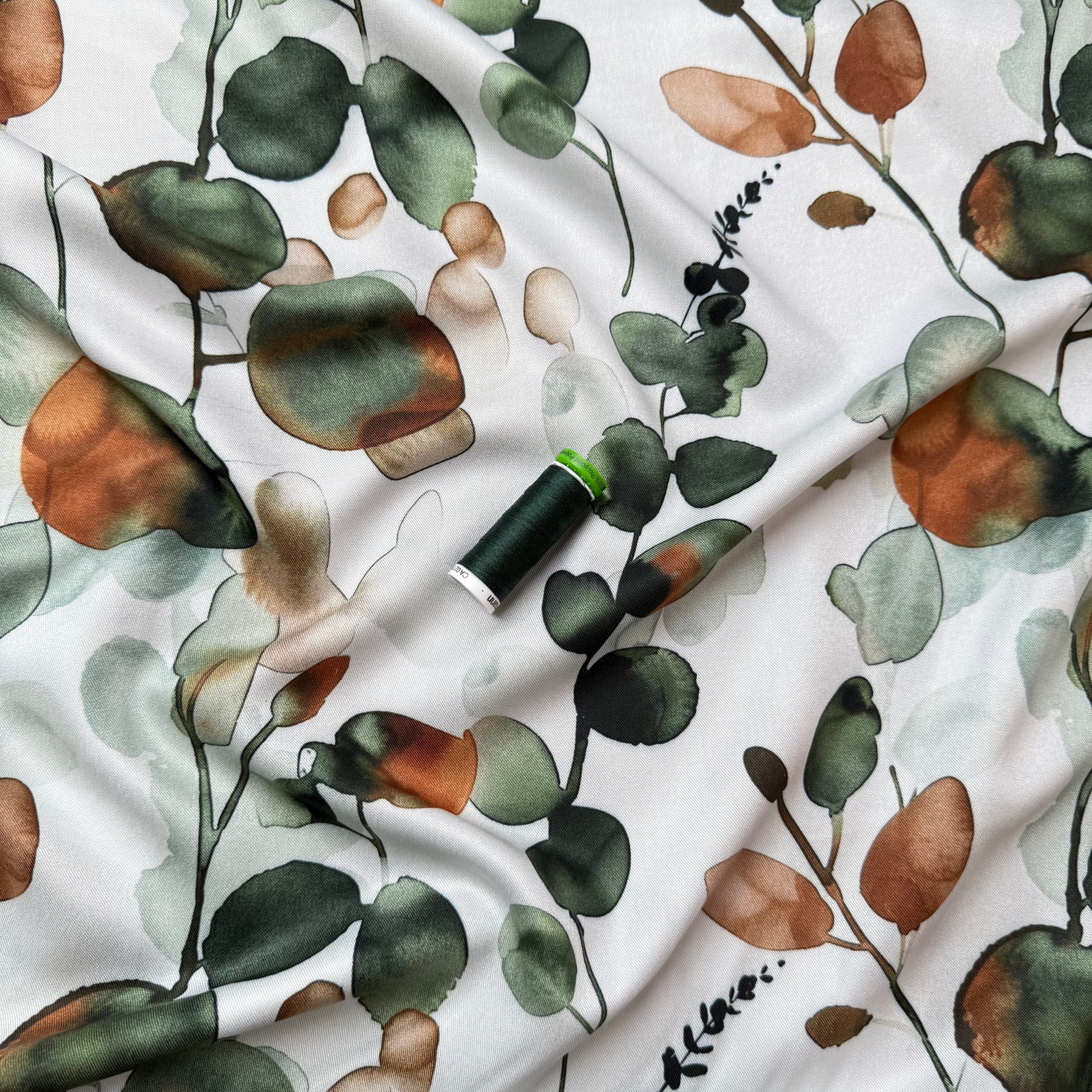 Light & Lush - Eucalyptus Leaves Green & Rust Viscose Twill Fabric