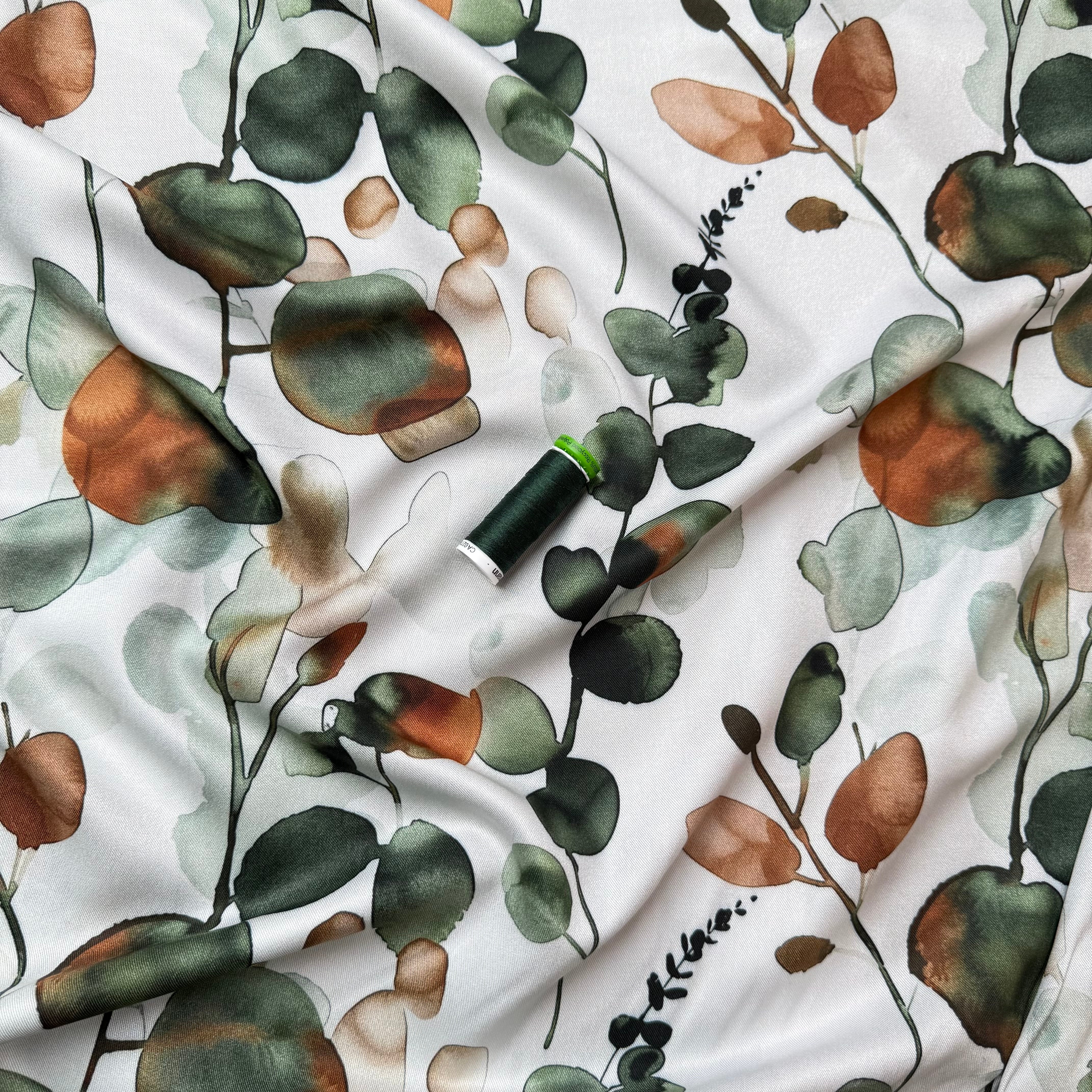 Light & Lush - Eucalyptus Leaves Green & Rust Viscose Twill Fabric