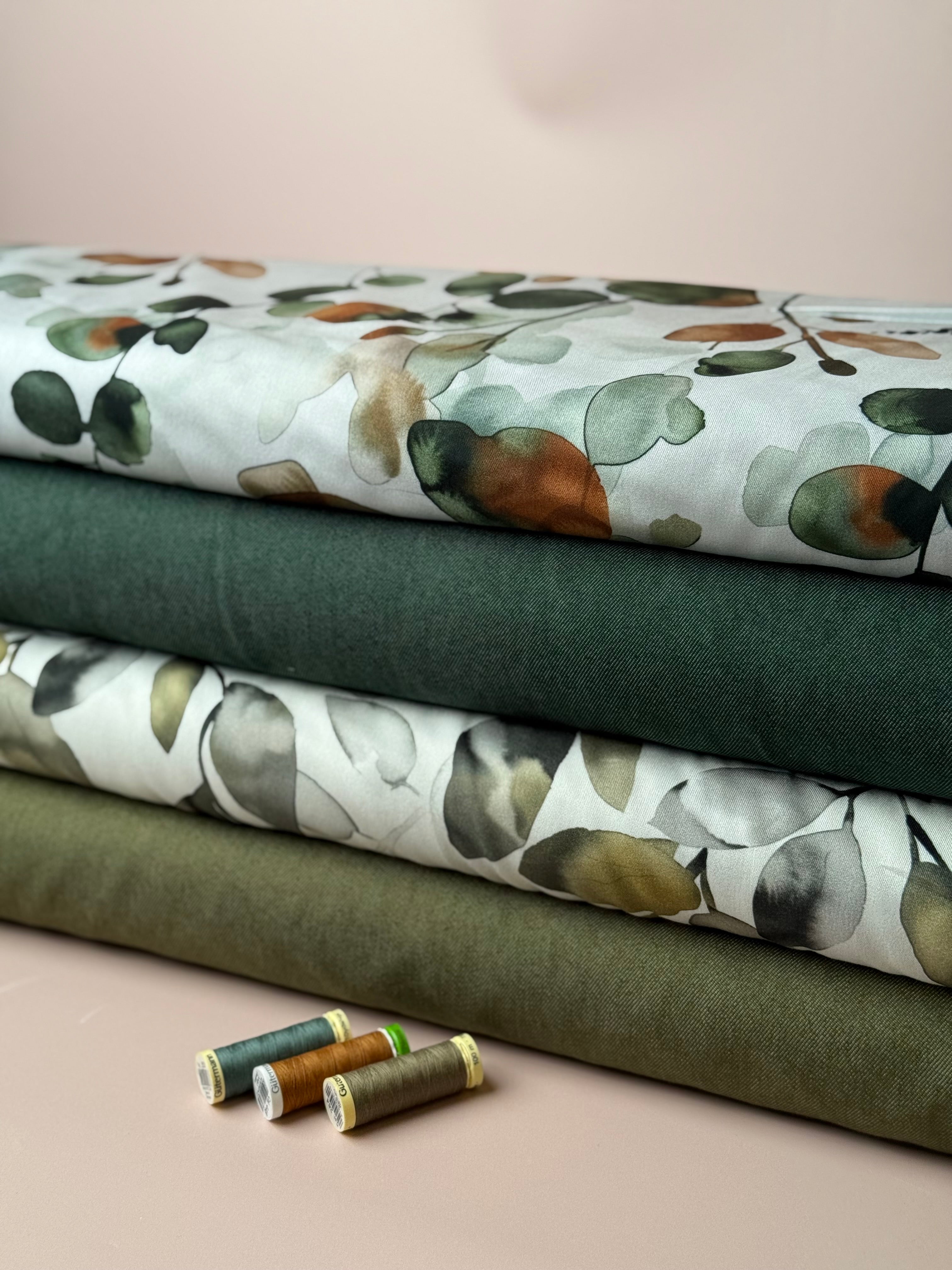 Light & Lush - Eucalyptus Leaves Green & Rust Viscose Twill Fabric