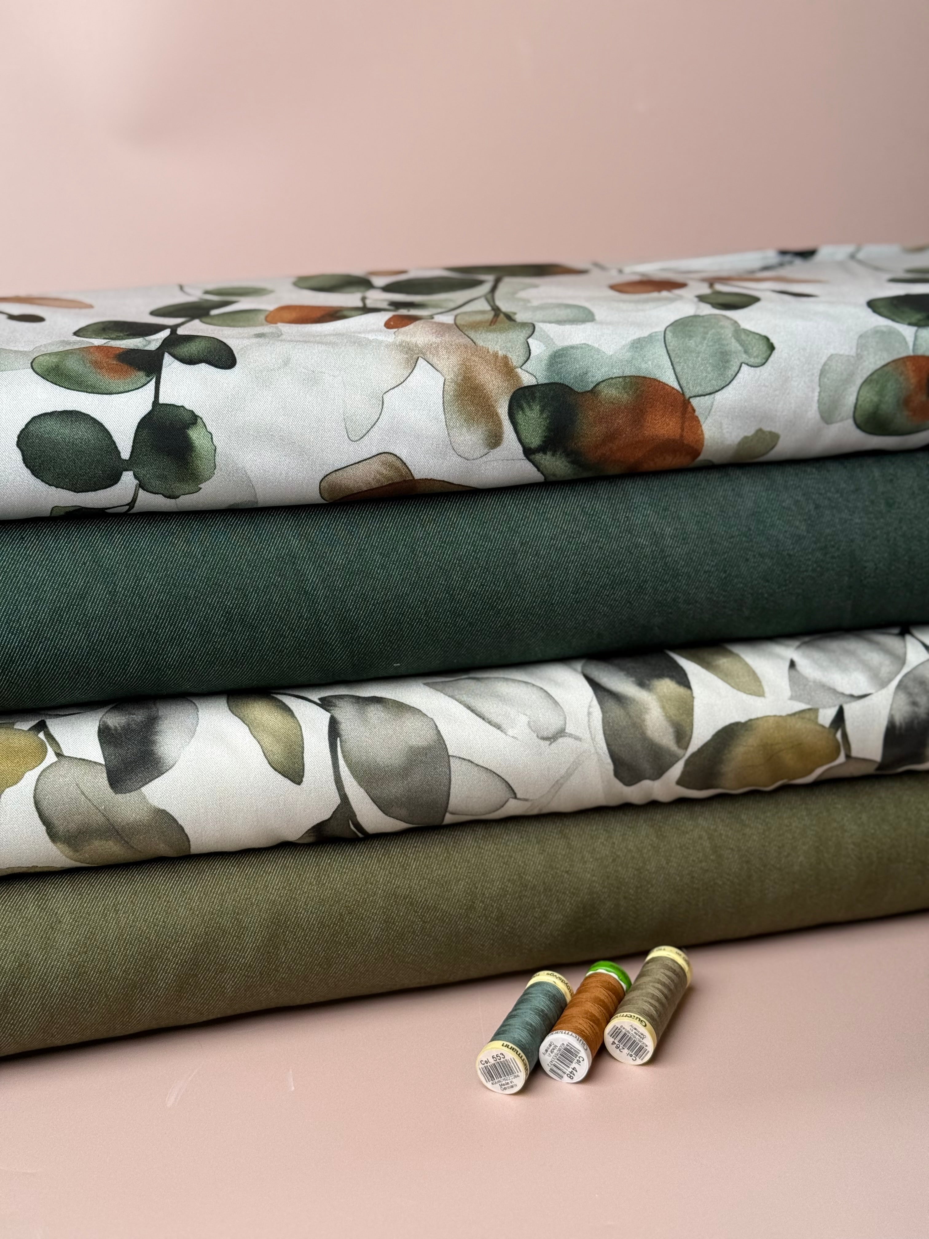 Light & Lush - Eucalyptus Leaves Green & Rust Viscose Twill Fabric