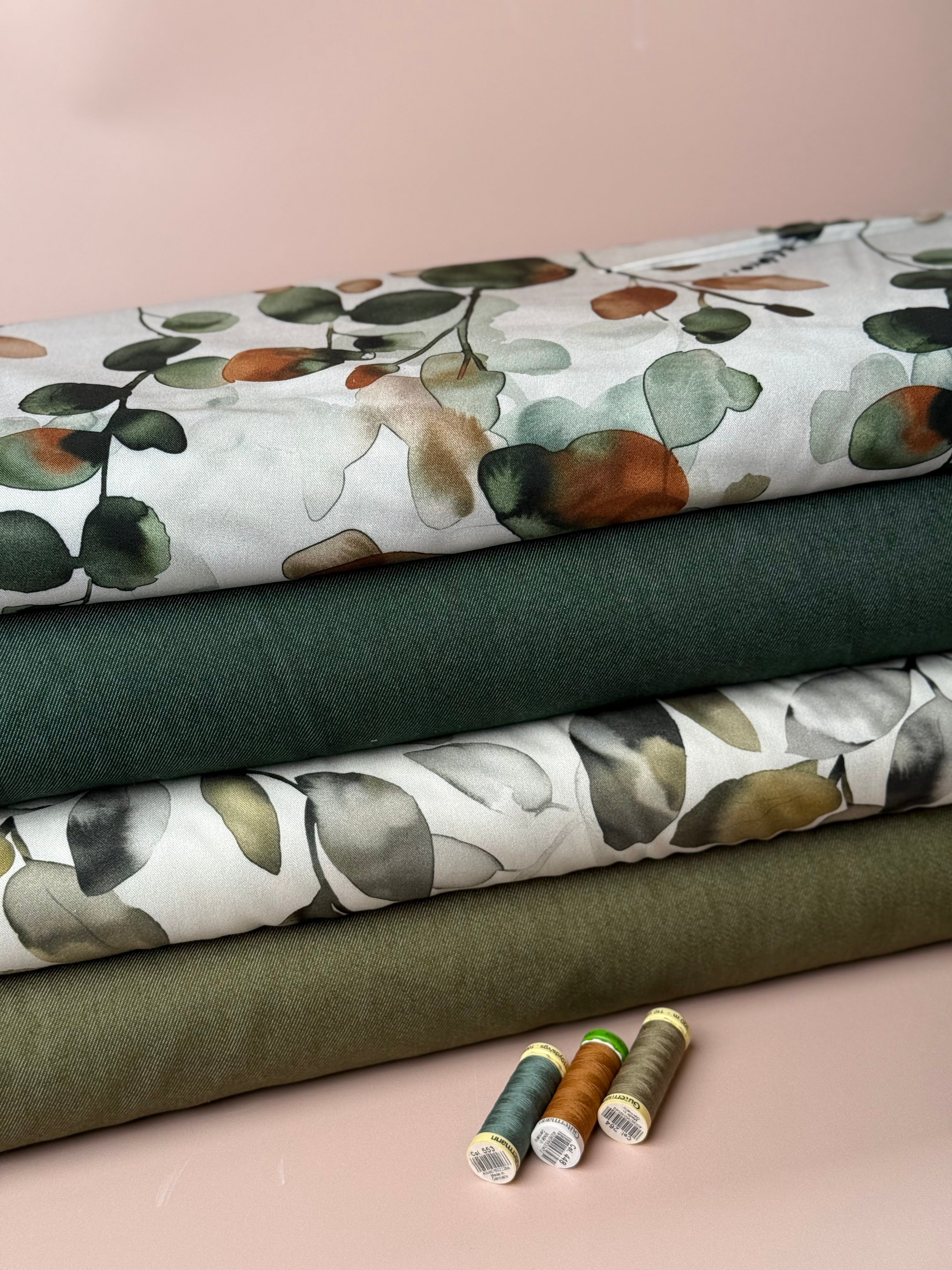 Light & Lush - Eucalyptus Leaves Green & Rust Viscose Twill Fabric