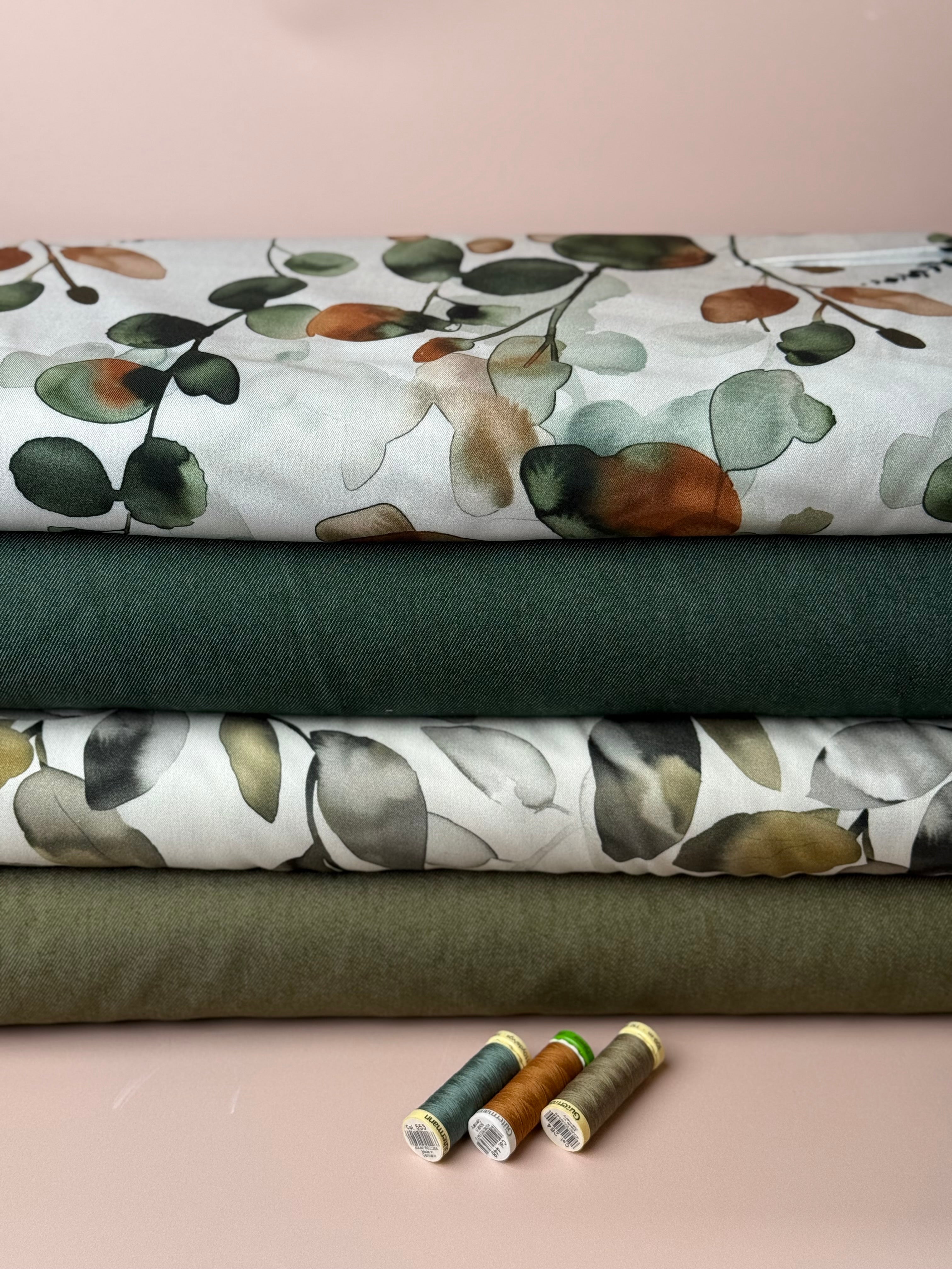 Light & Lush - Eucalyptus Leaves Green & Rust Viscose Twill Fabric