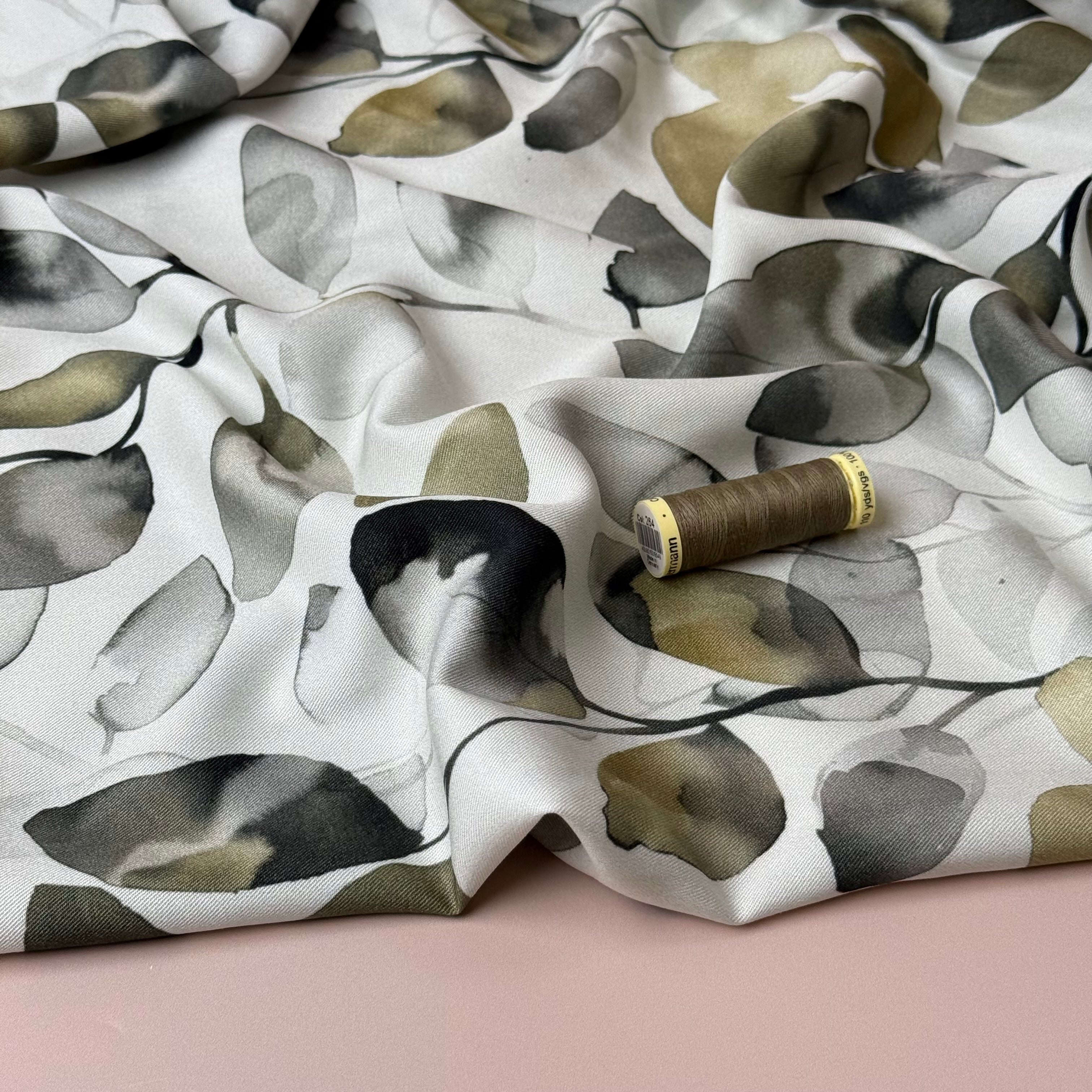 Light & Lush - Eucalyptus Leaves Olive & Grey Viscose Twill Fabric