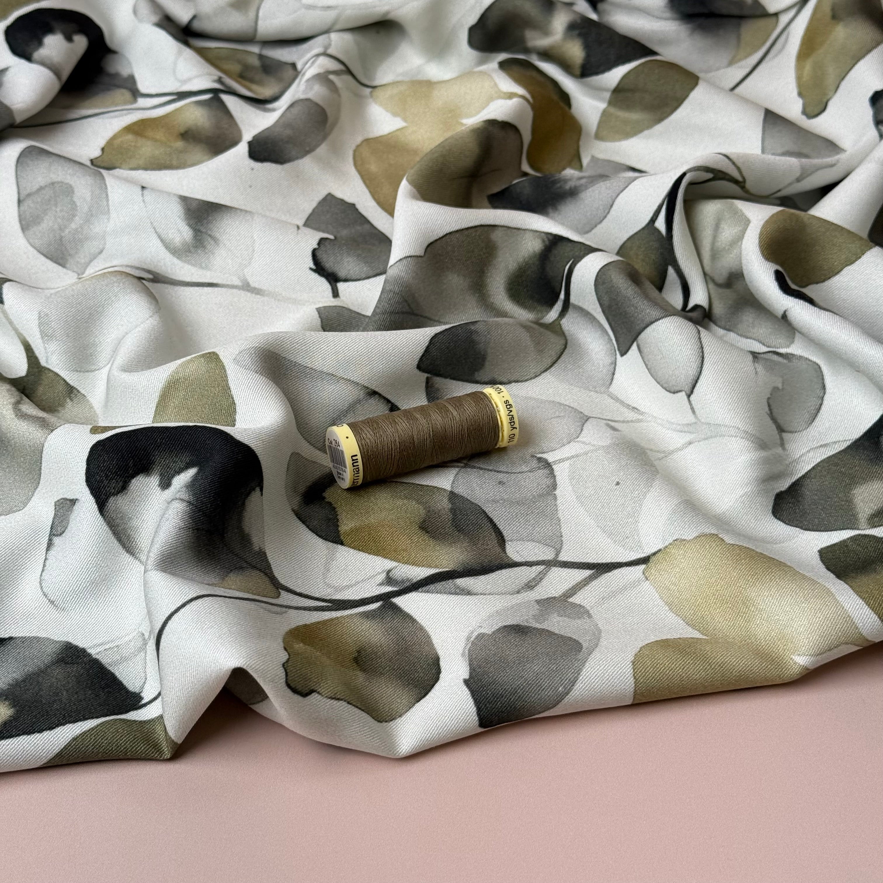 Light & Lush - Eucalyptus Leaves Olive & Grey Viscose Twill Fabric