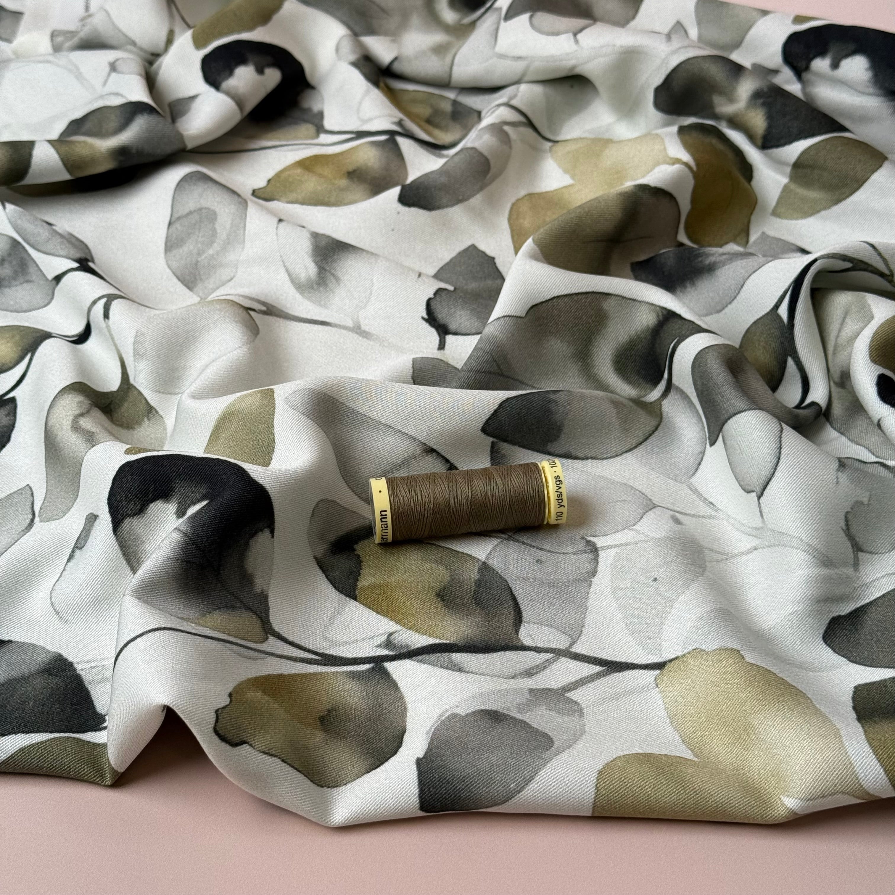 Light & Lush - Eucalyptus Leaves Olive & Grey Viscose Twill Fabric