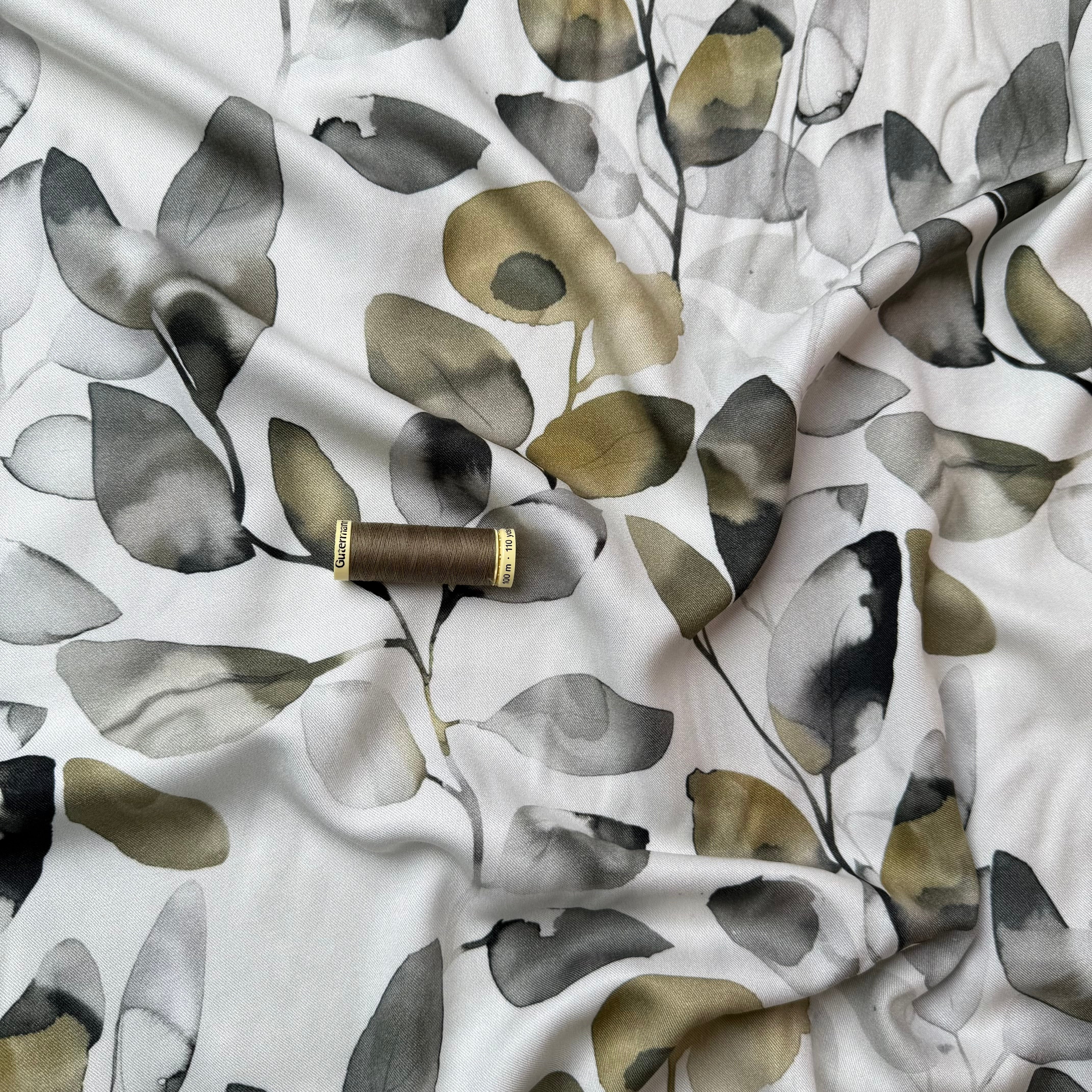 Light & Lush - Eucalyptus Leaves Olive & Grey Viscose Twill Fabric