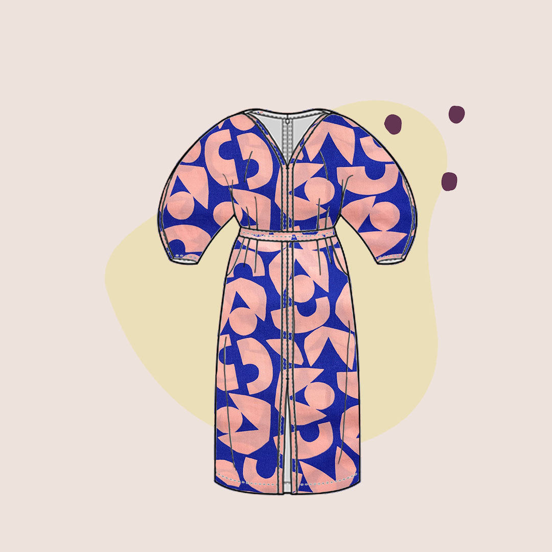 Blush Shapes on Blue Cotton Poplin Fabric