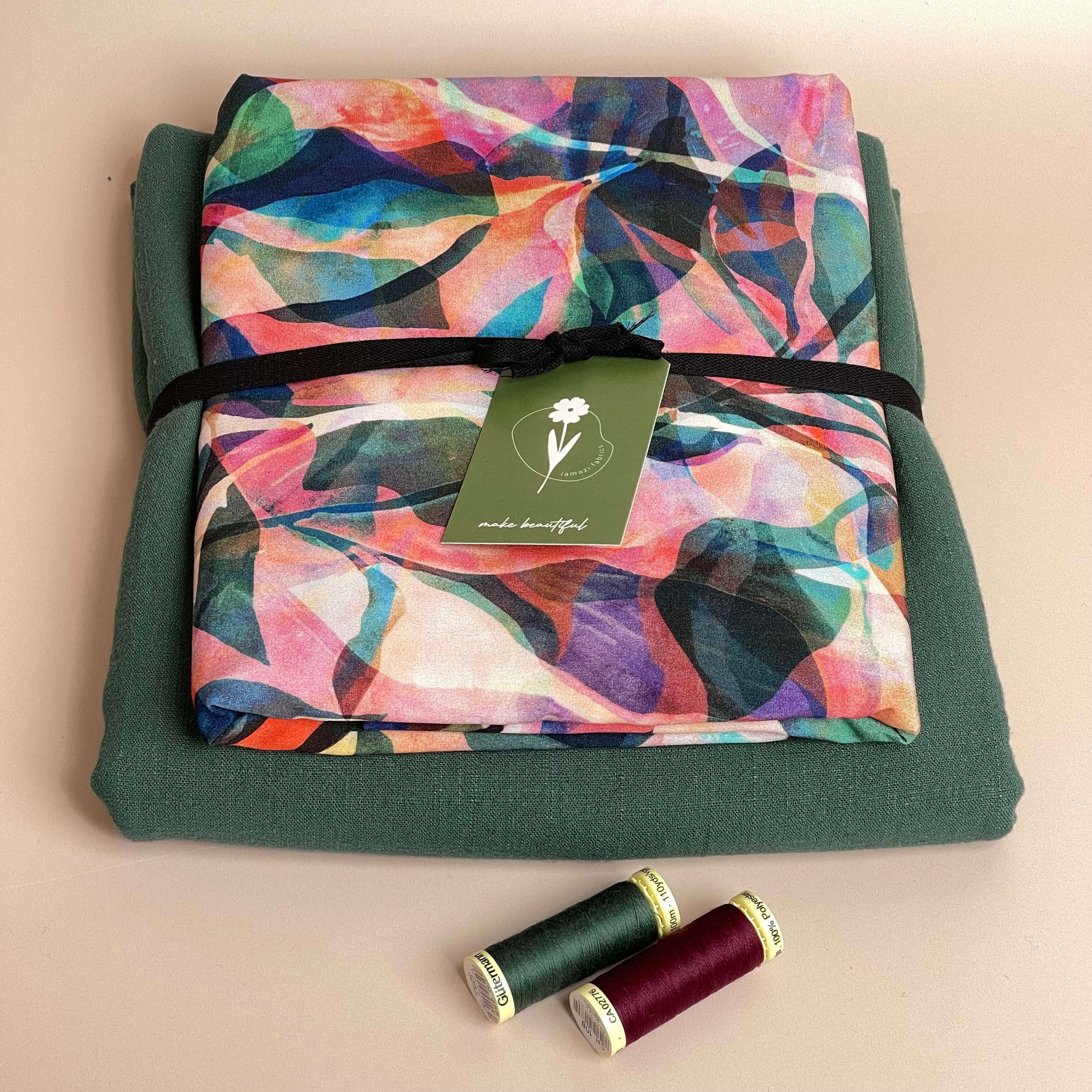 Make an Outfit Colour Bundle - Painted Foliage Forest Viscose with Bottle Green Flow Linen
