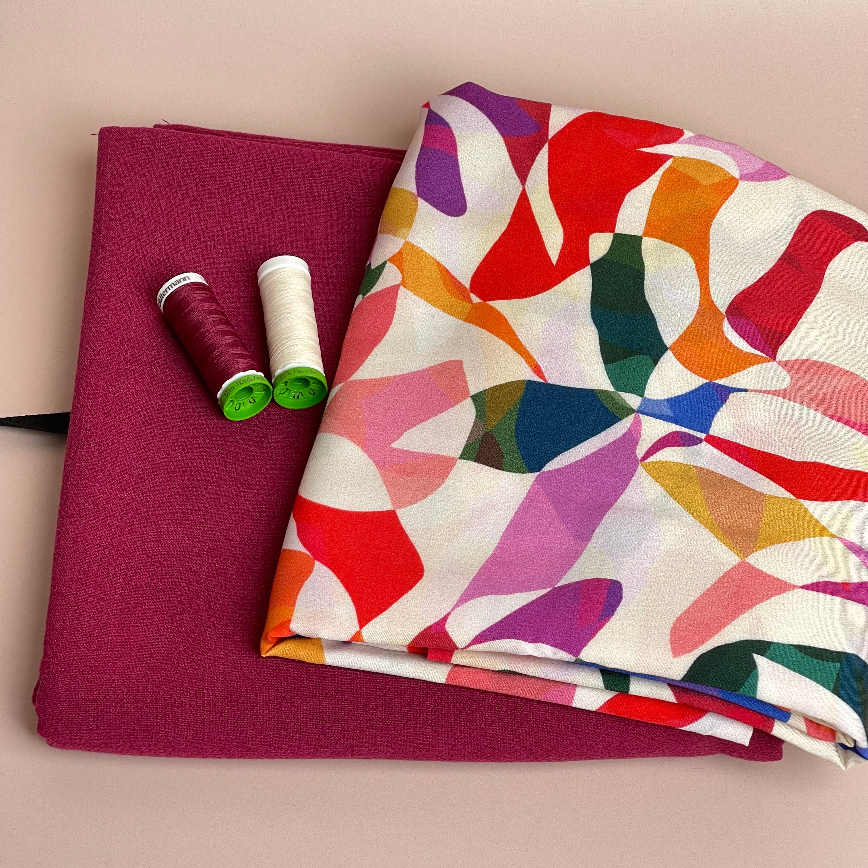 Make an Outfit Colour Bundle - Rainbow Leaves Spring Viscose with Magenta Flow Linen