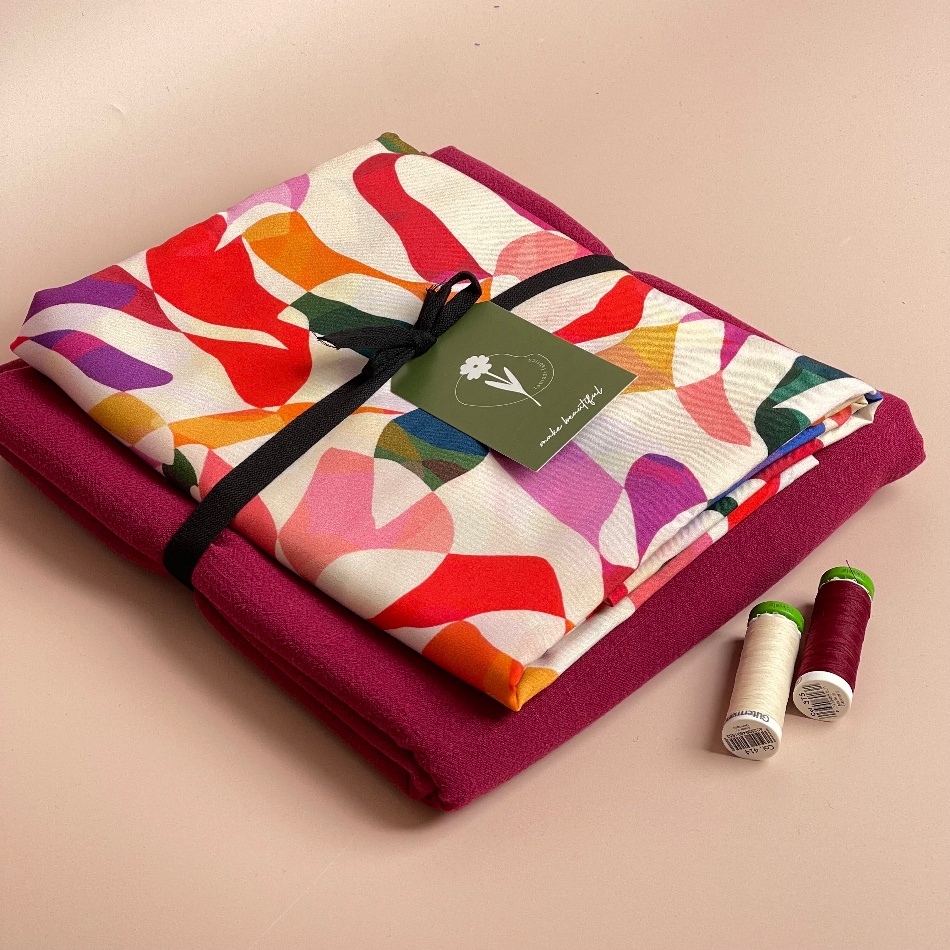 Make an Outfit Colour Bundle - Rainbow Leaves Spring Viscose with Magenta Flow Linen