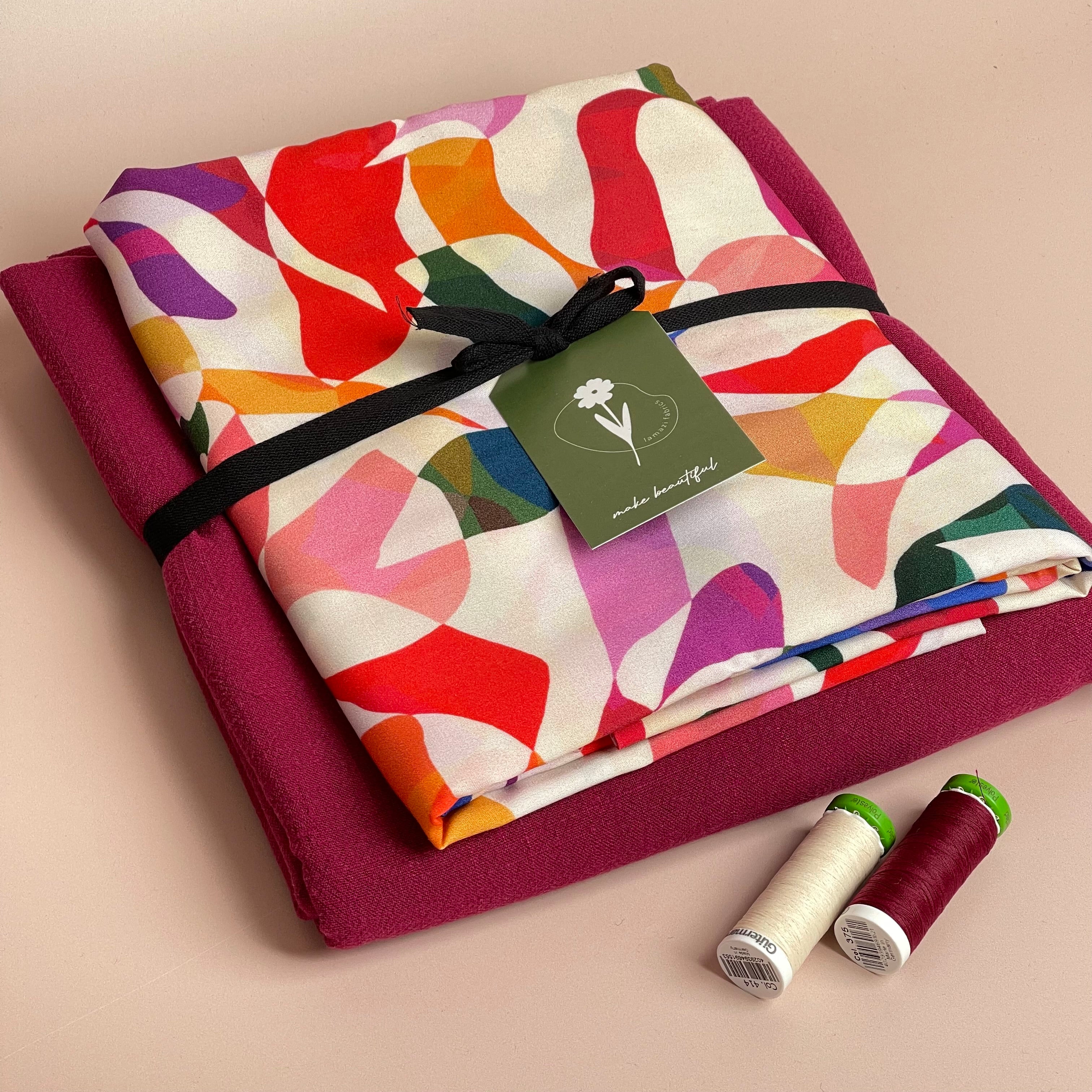 Make an Outfit Colour Bundle - Rainbow Leaves Spring Viscose with Magenta Flow Linen
