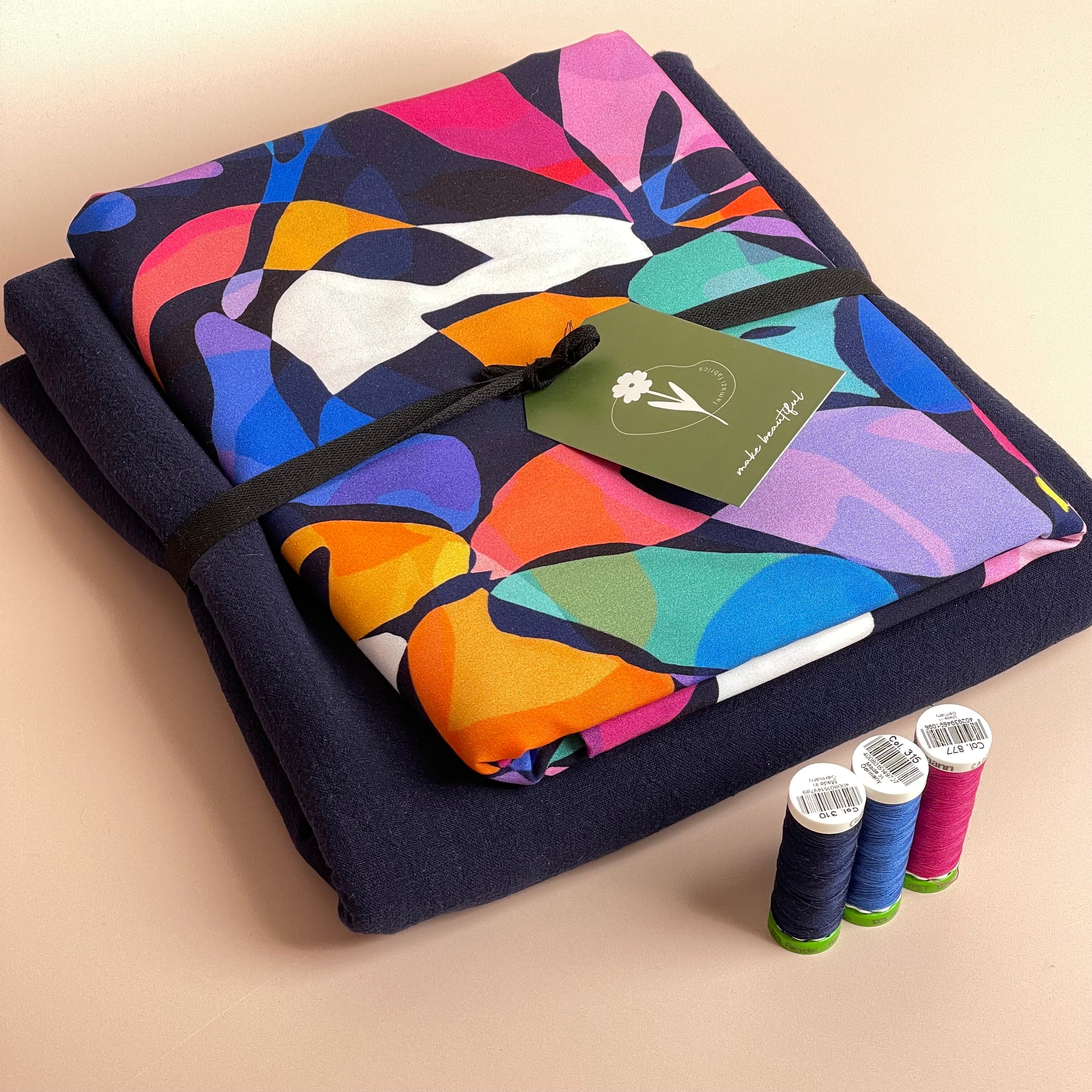 Make an Outfit Colour Bundle - Rainbow Leaves Navy Viscose with Vintage Cotton