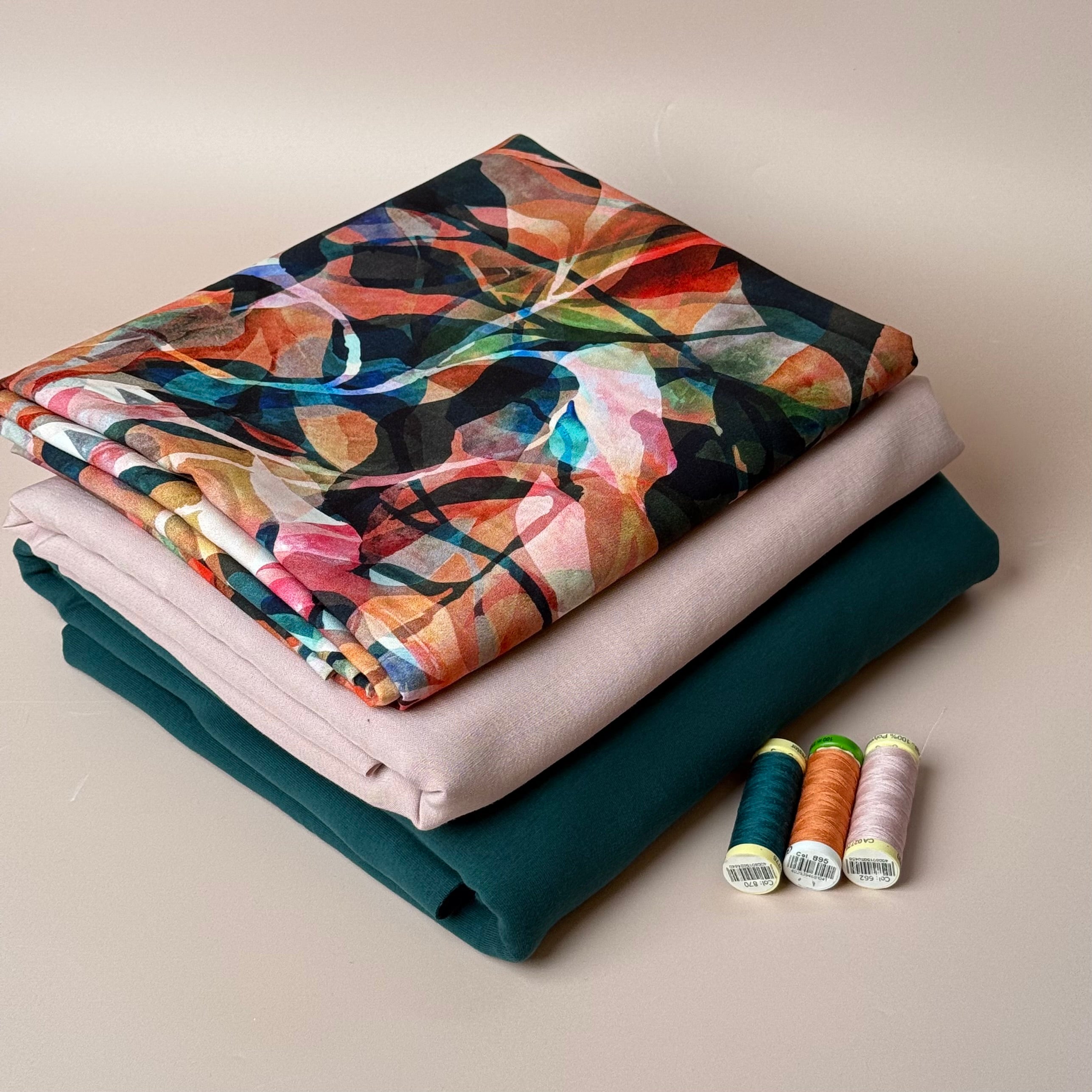 Make an Outfit Colour Bundle - Painted Foliage Sunset Viscose, Linen Crepe and Sweatshirting with Ribbing