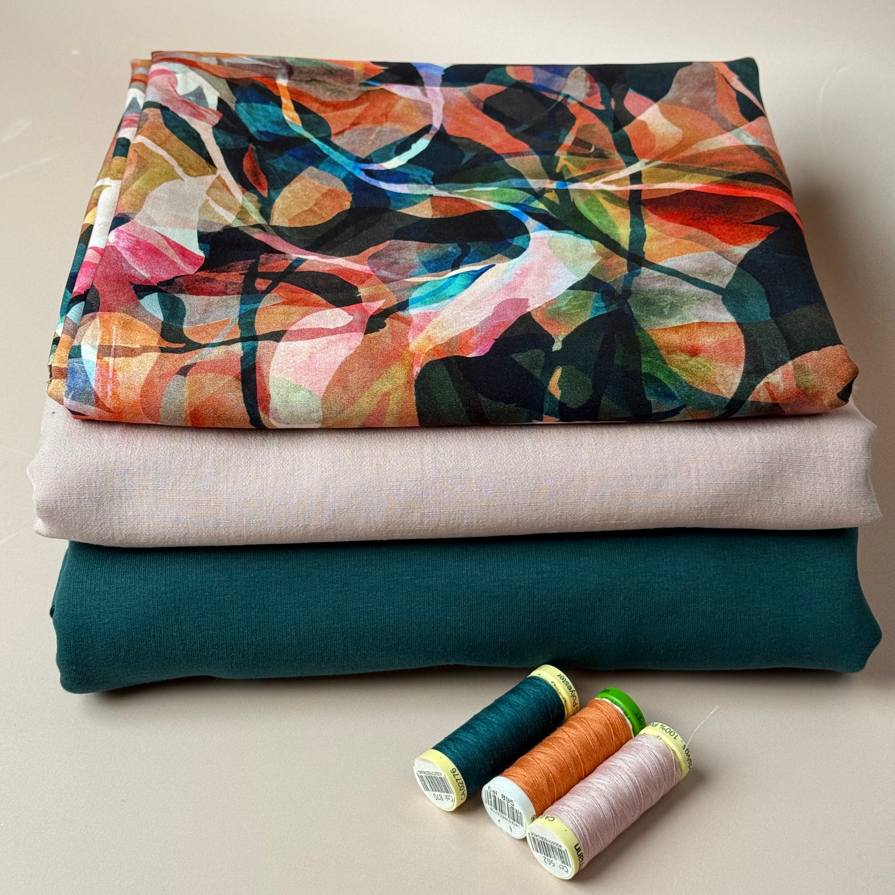 Make an Outfit Colour Bundle - Painted Foliage Sunset Viscose, Linen Crepe and Sweatshirting with Ribbing